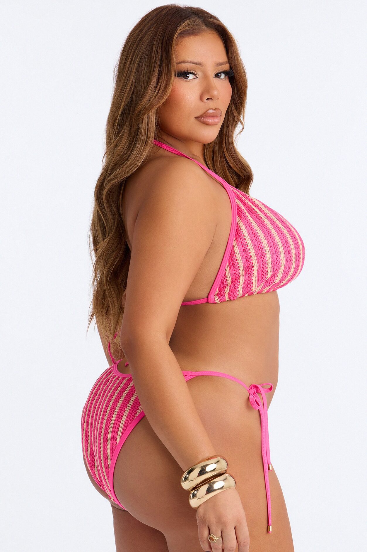 Callie Crochet 3 Piece Bikini & Pants Set - Fuchsia/combo