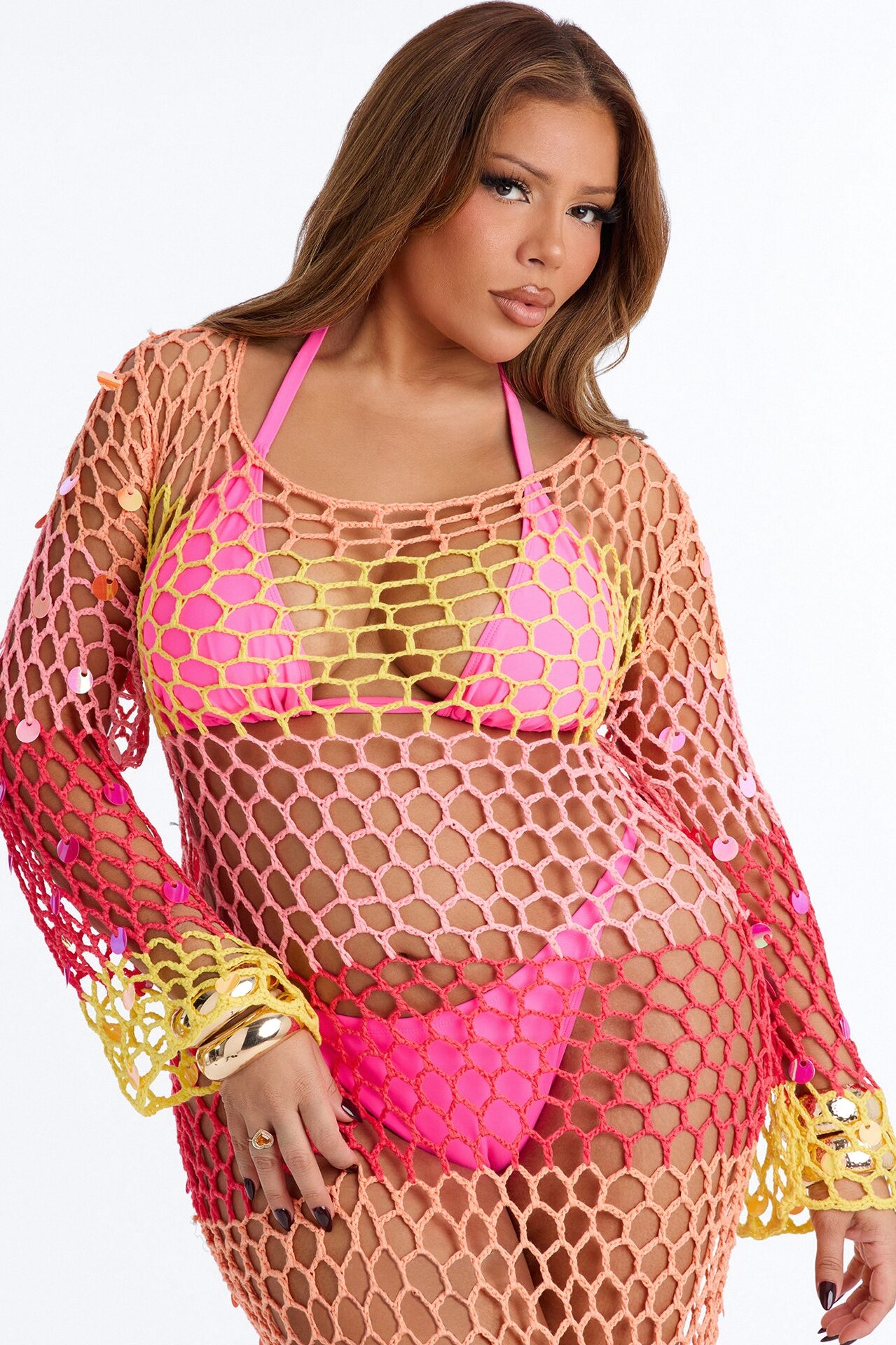 Something New Long Sleeve Maxi Coverup - Pink/combo