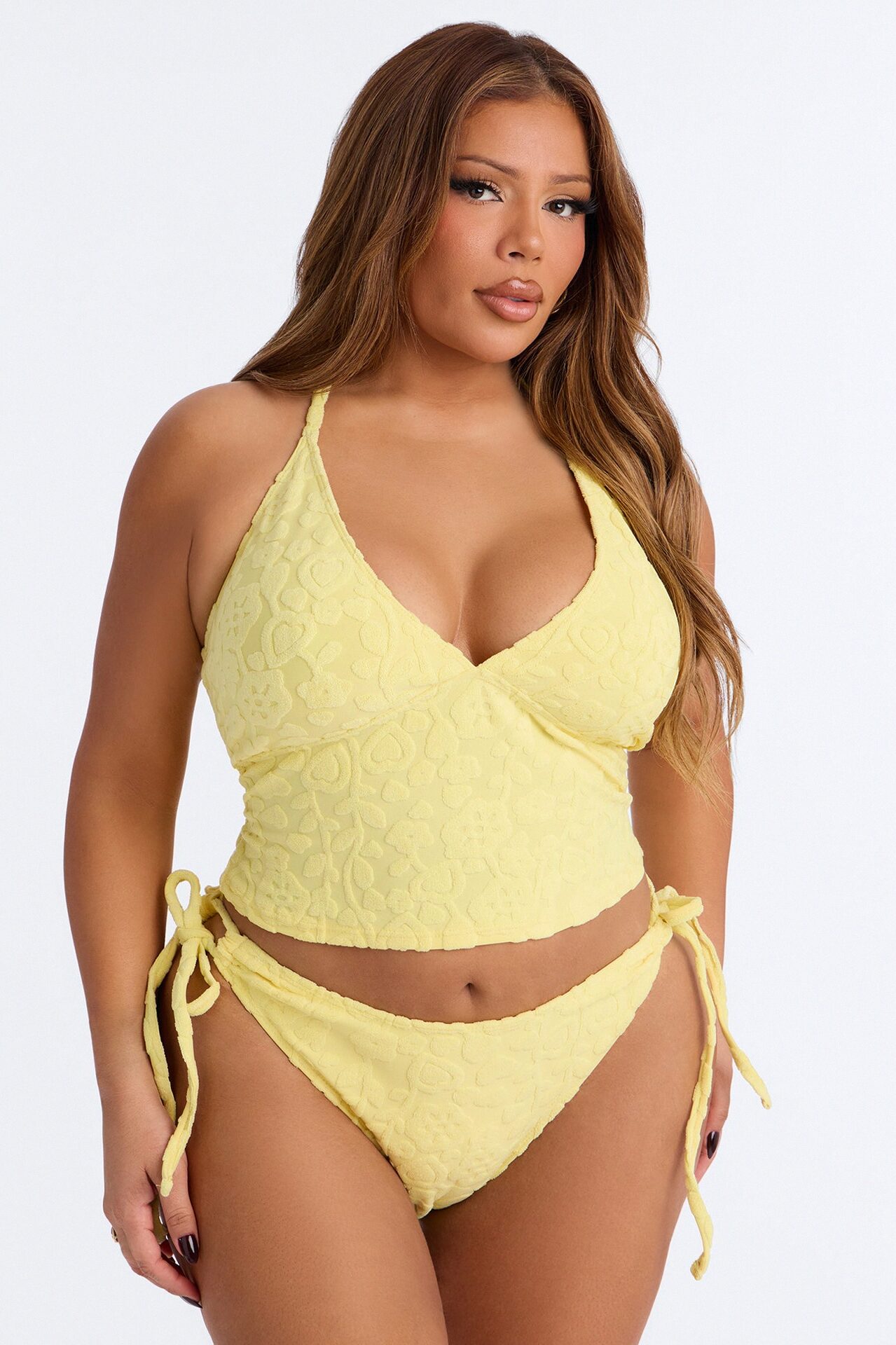 Dana 2 Piece Terry Cloth Triangle Tankini Bikini Set - Yellow