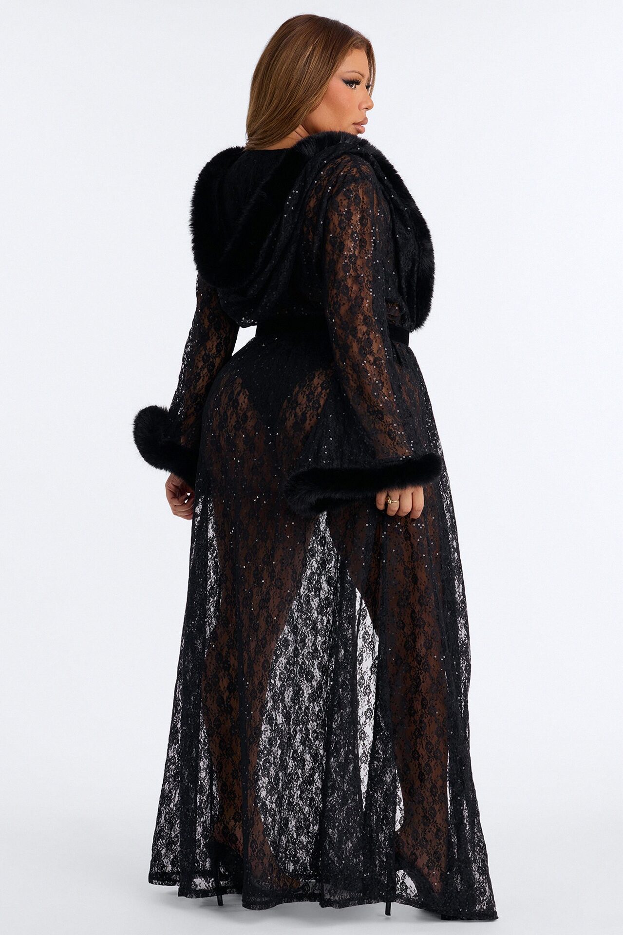 Ivy Hooded Embellished Stretch Lace Robe - Black