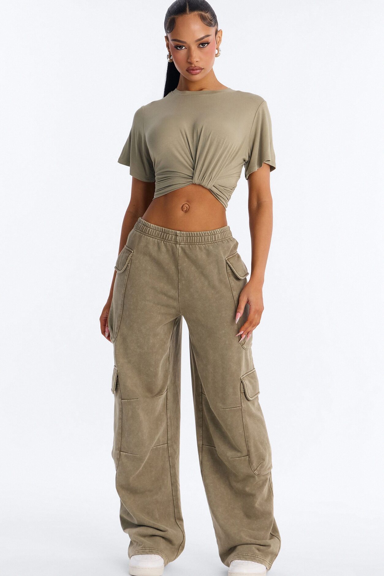 Mila Washed Cargo Pant Set - Olive