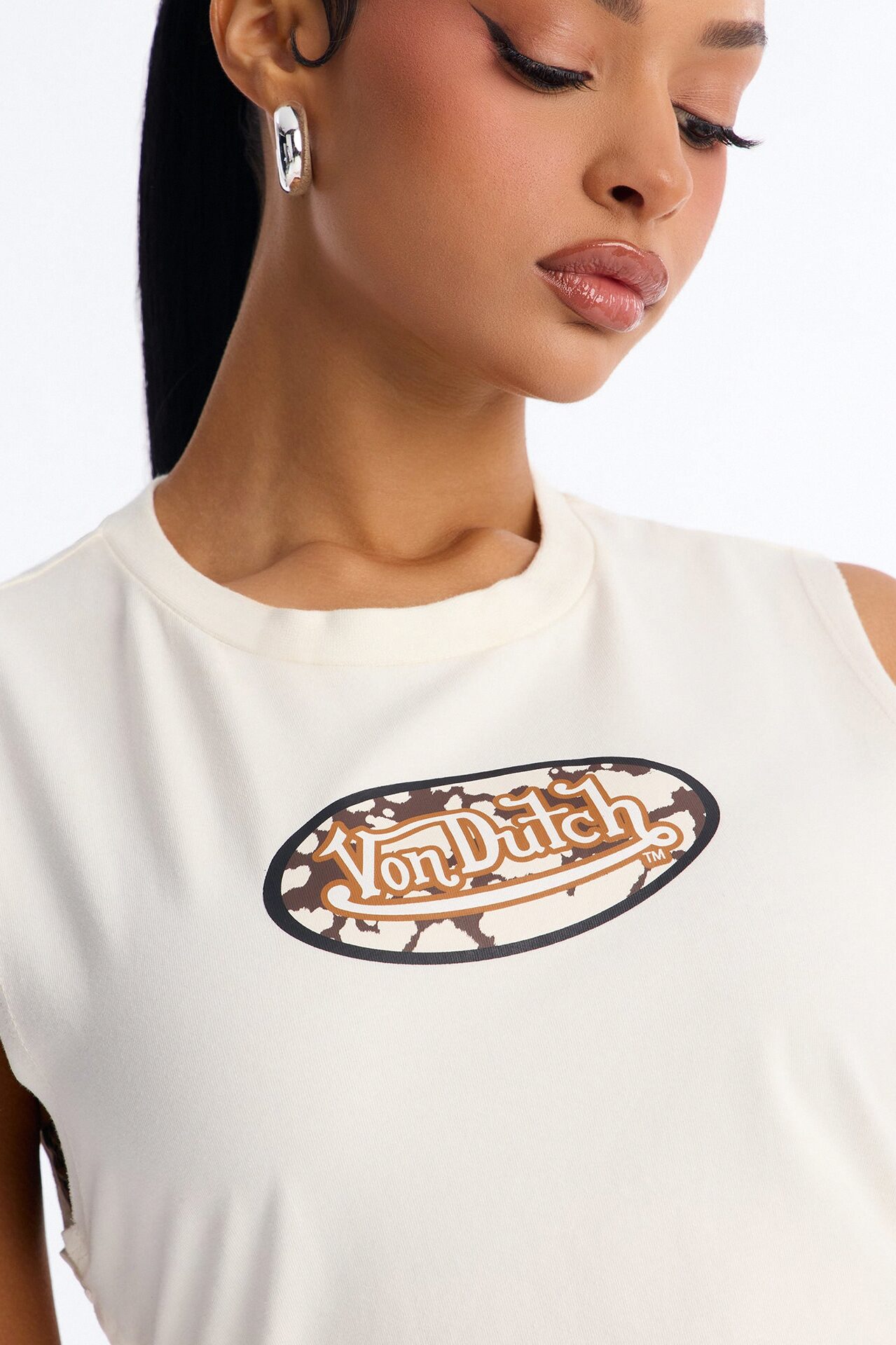 Von Dutch Cow Print Patch Side Grommet Tank - Ivory