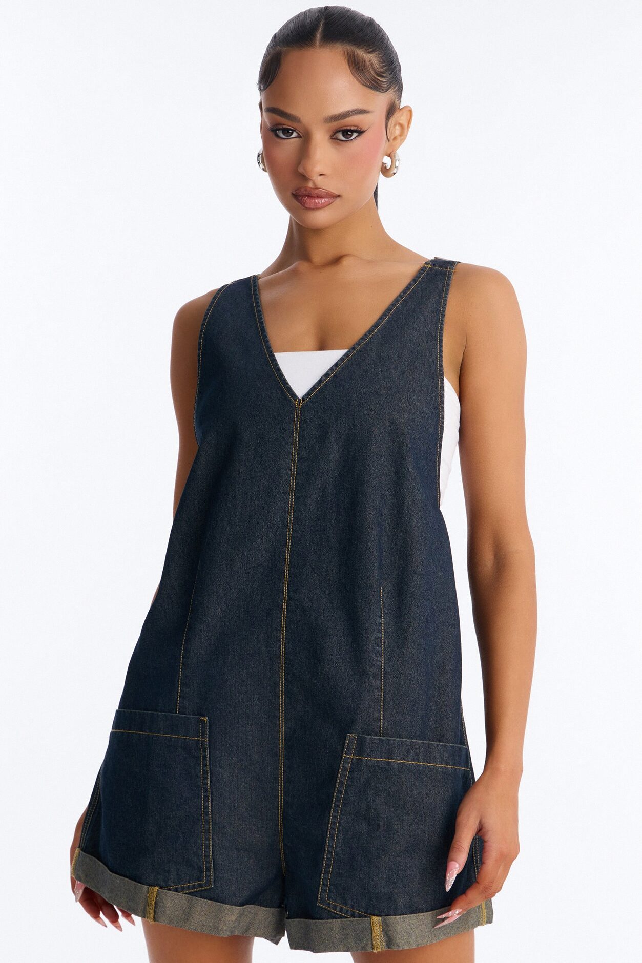 Janie Low Back Denim Romper - Dark Denim