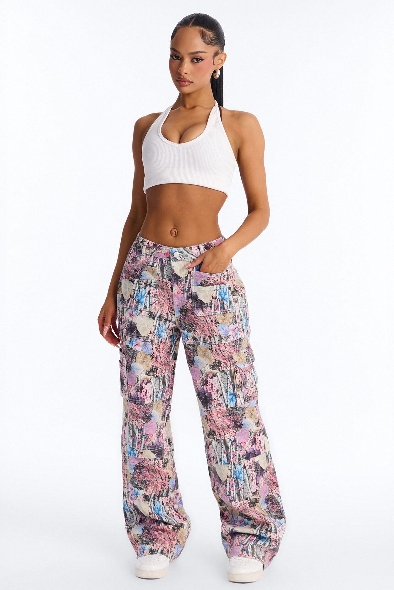 Bree Floral Camo Stretch Cargo Straight Leg Jeans - Camouflage