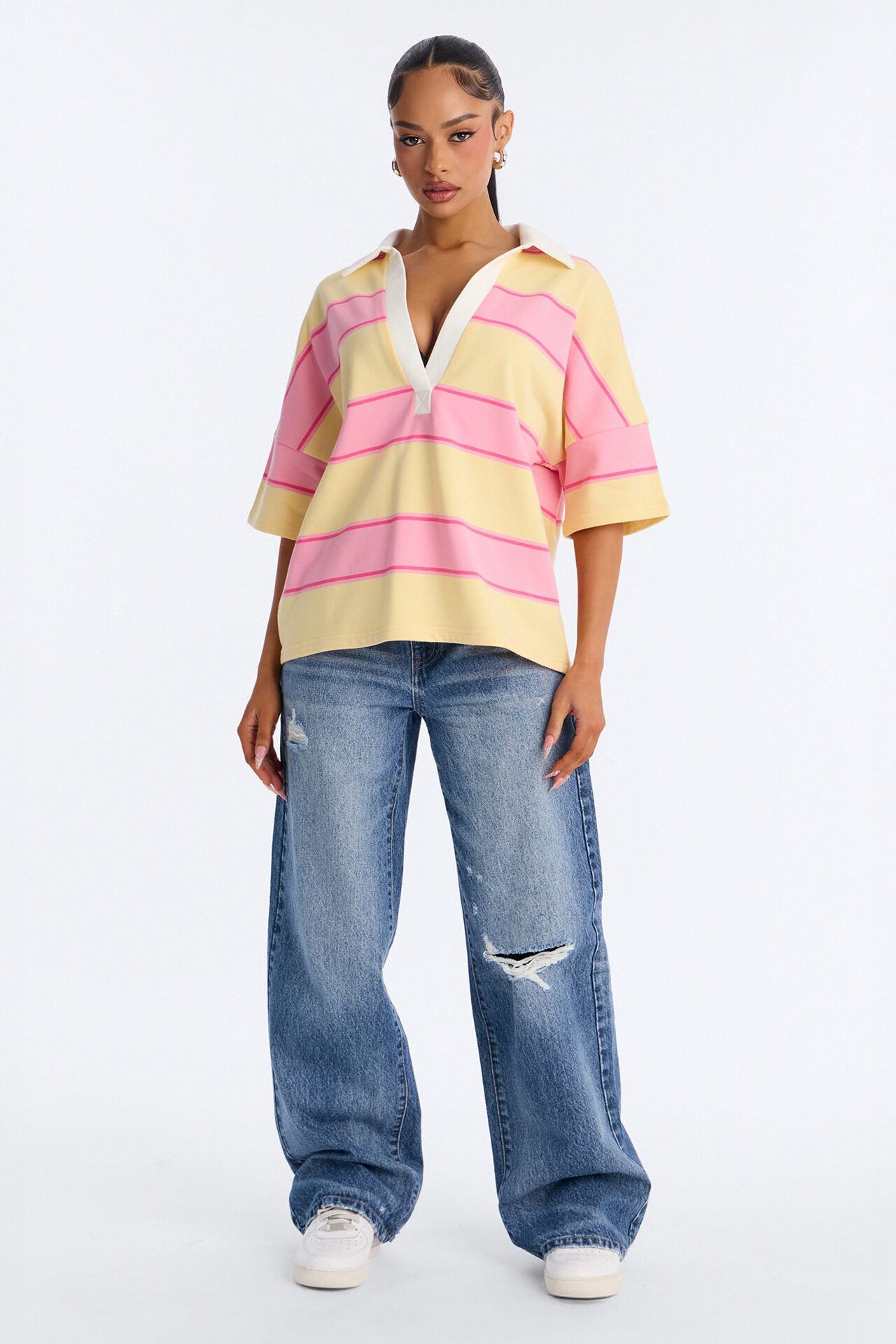 Emerson Striped Short Sleeve Polo Top - Yellow/combo