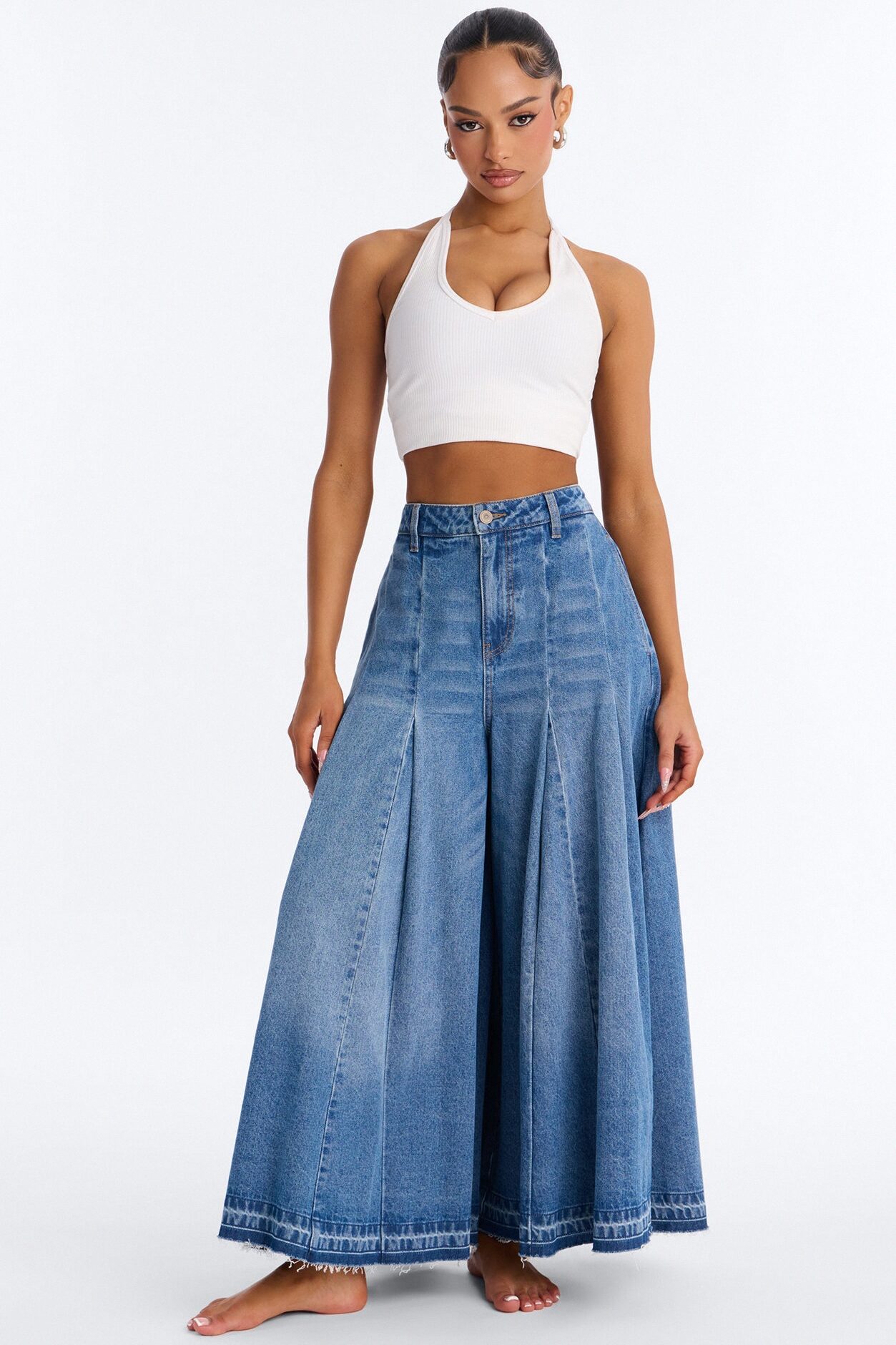 Milano Pleated Denim Culotte Jeans - Medium Wash