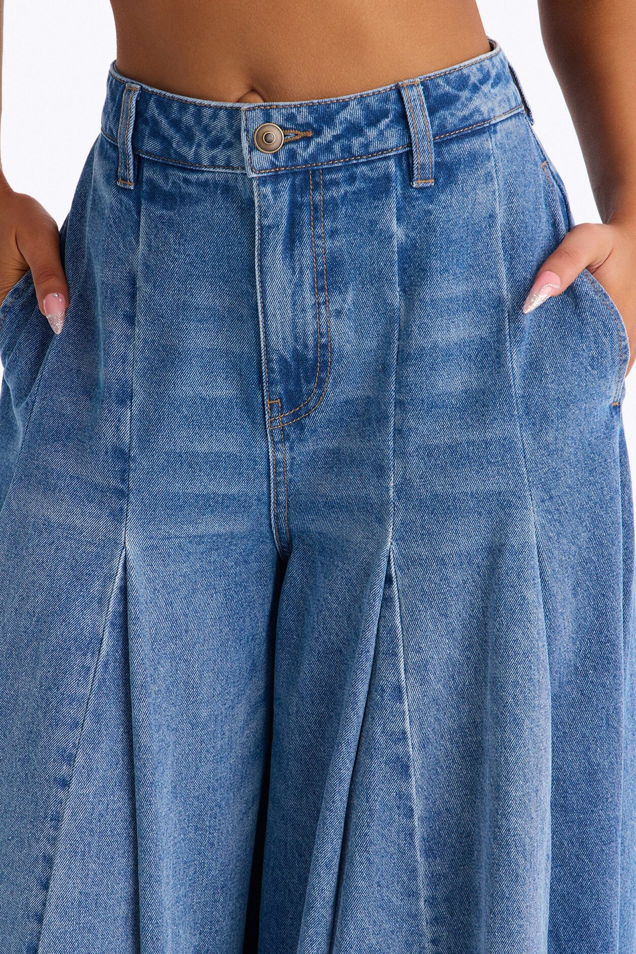 Milano Pleated Denim Culotte Jeans - Medium Wash
