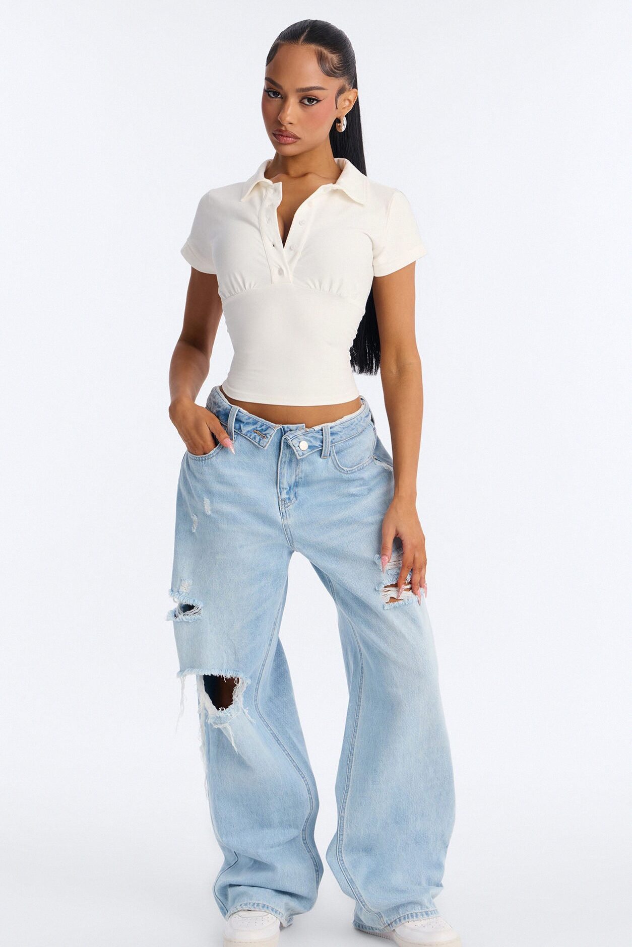 Parker Cinched Waist Short Sleeve Collared Top - White