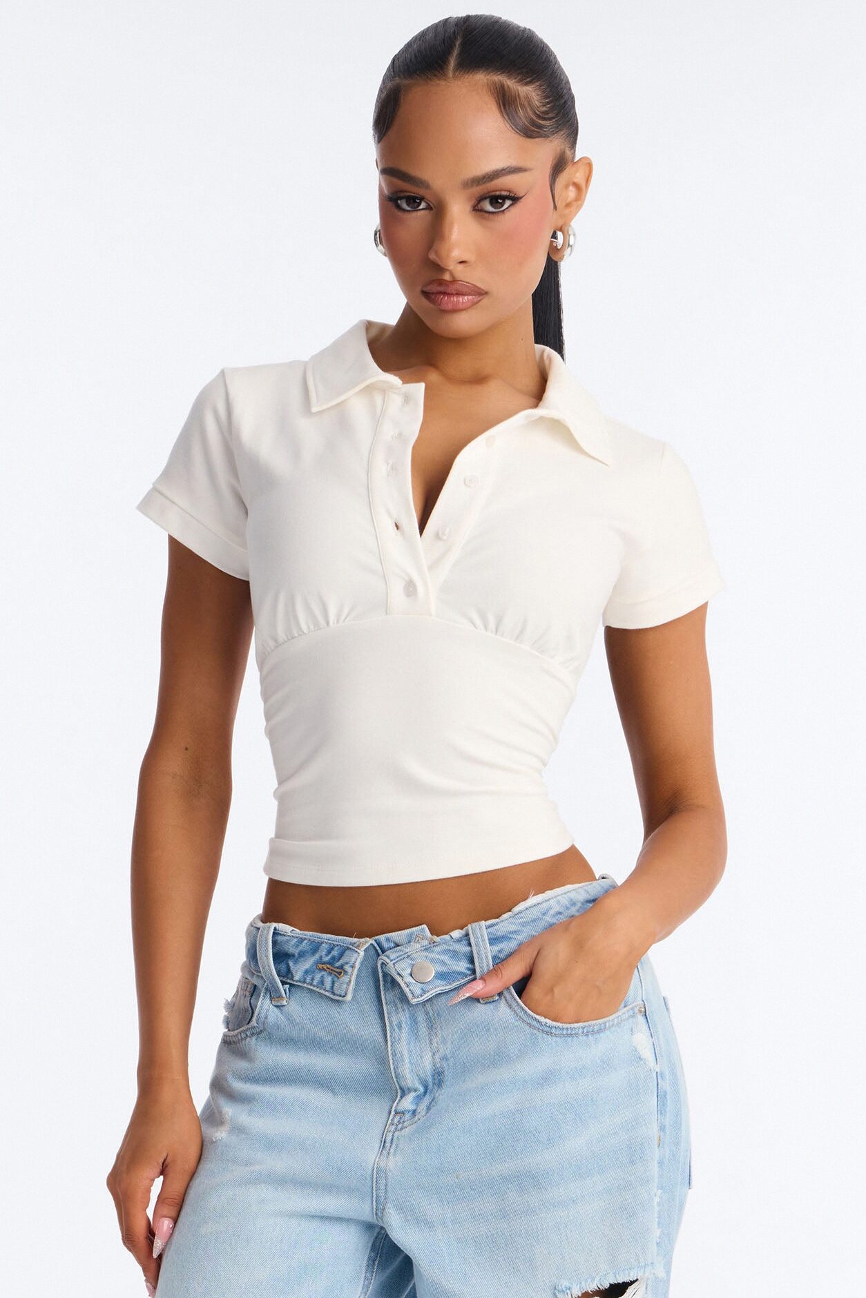 Parker Cinched Waist Short Sleeve Collared Top - White