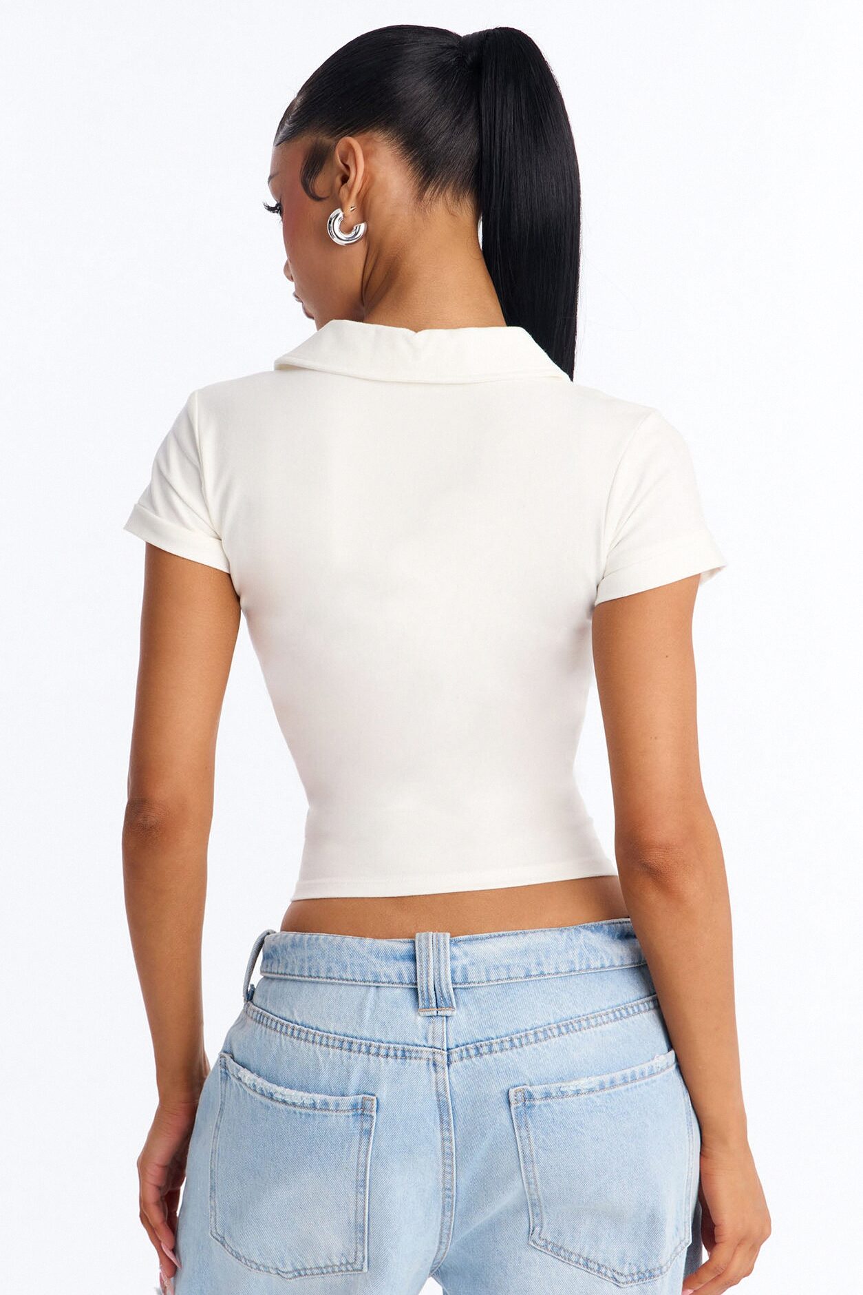 Parker Cinched Waist Short Sleeve Collared Top - White
