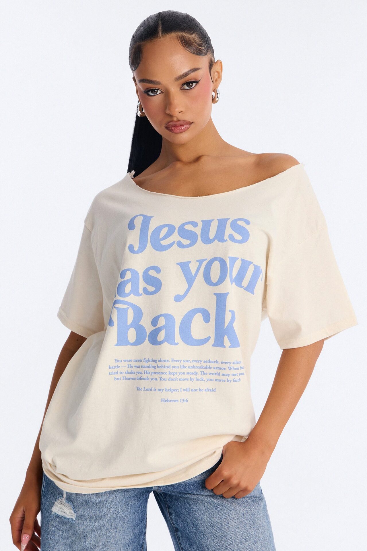 Jesus Has My Back Off Shoulder Tee - Natural