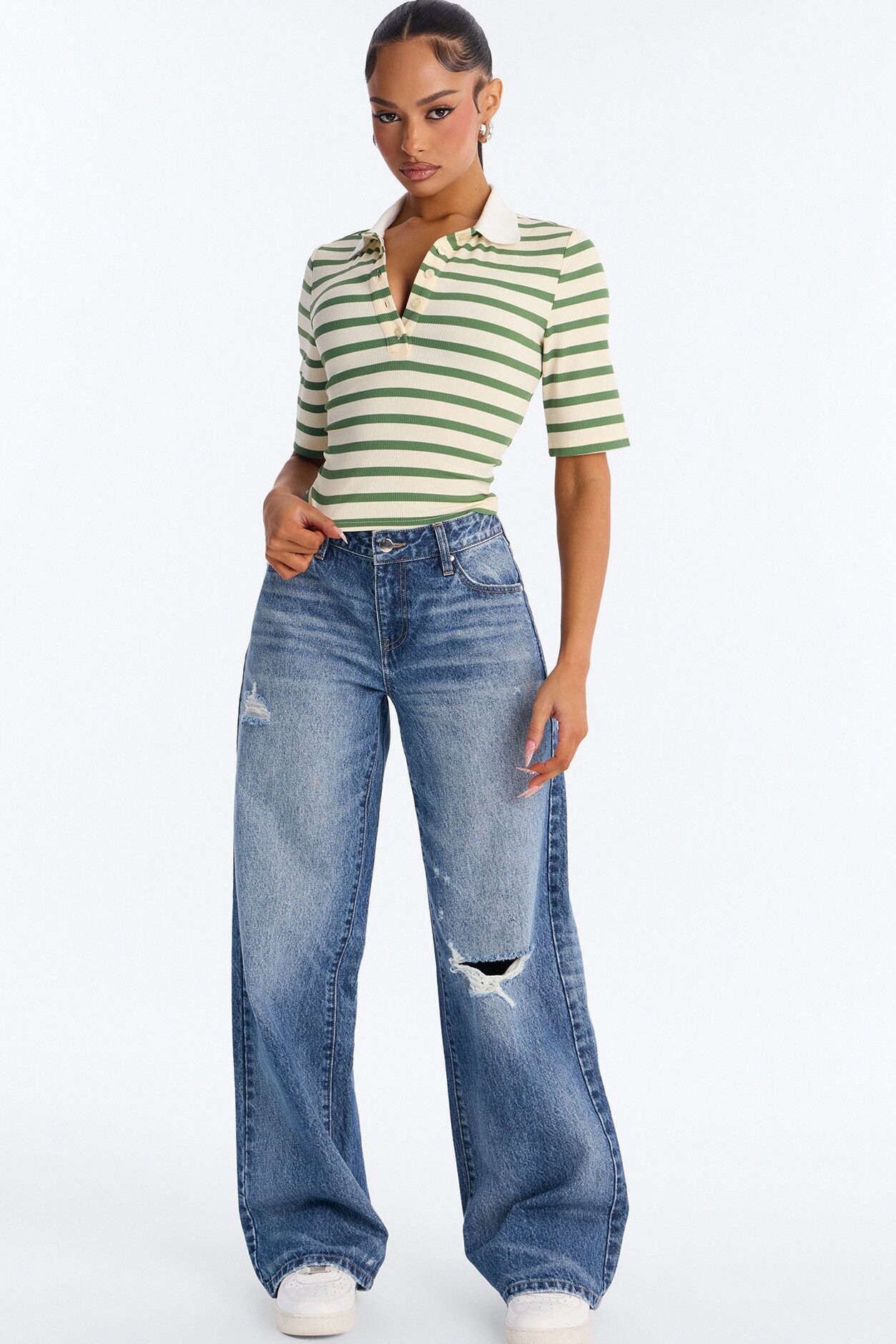 Regina Short Sleeve Polo Top - Green/combo