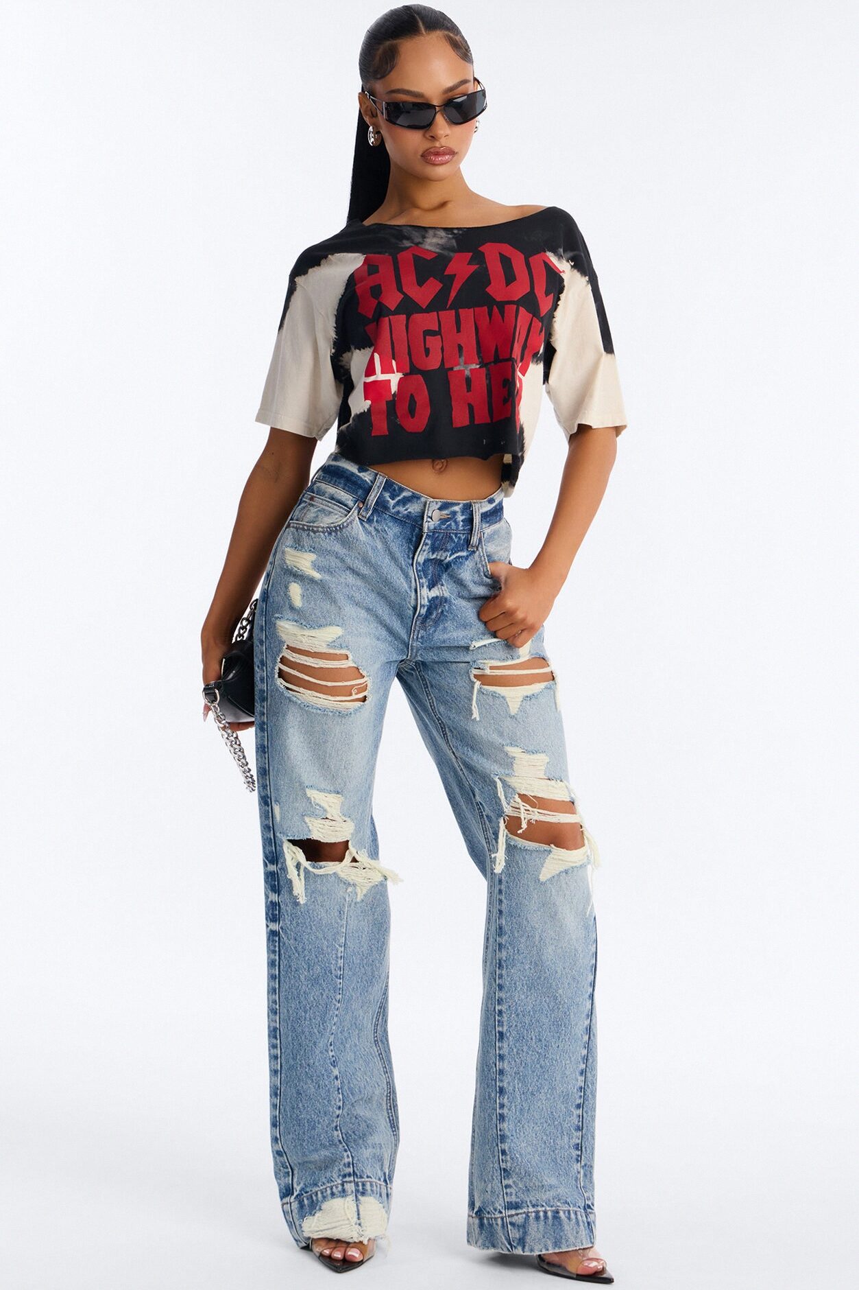 ACDC Bleached Off Shoulder Top - Black/combo