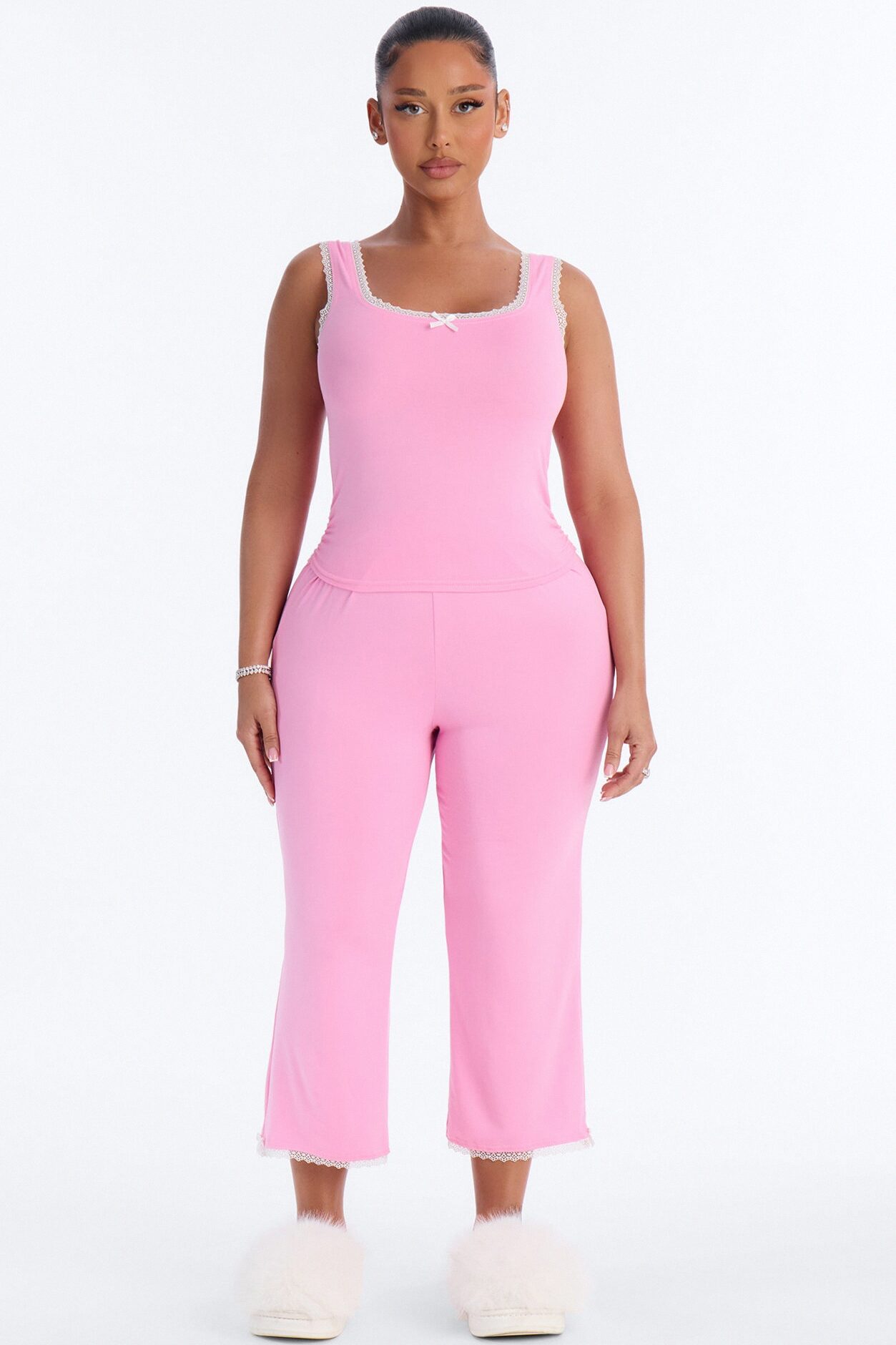 Stay With Me Lace Trim PJ Capri Pant Set - Pink