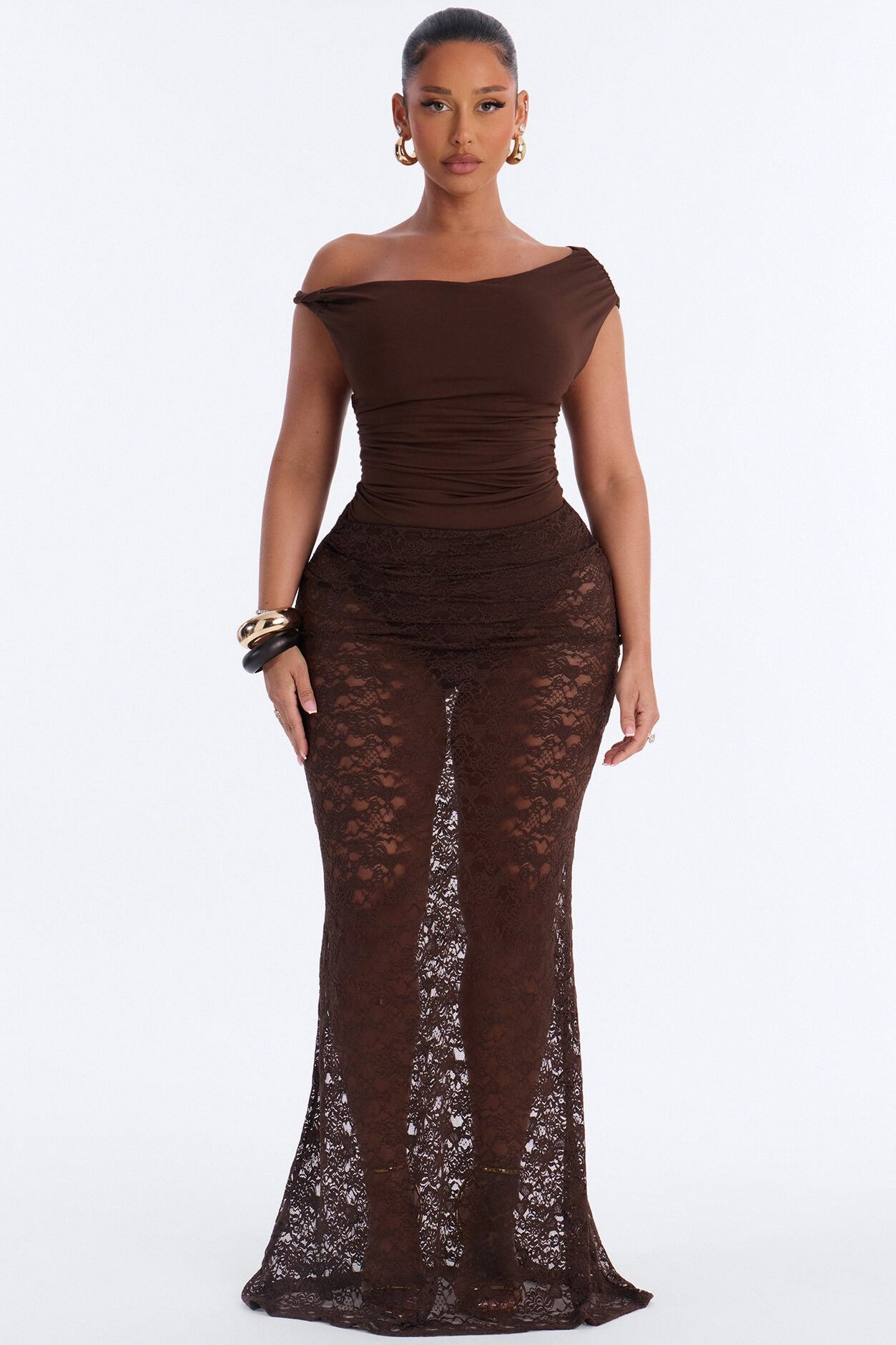 Kylie Off Shoulder Bodysuit - Brown