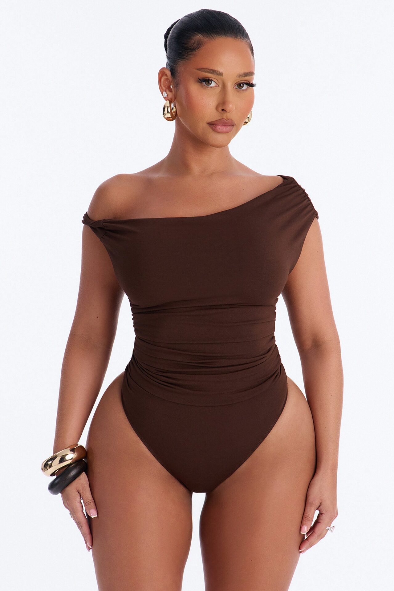 Kylie Off Shoulder Bodysuit - Brown