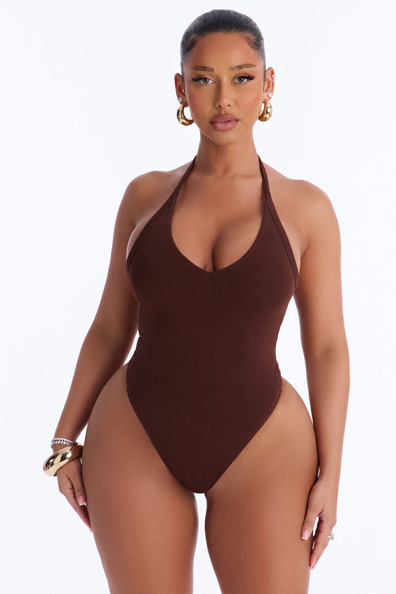 Nora Double Lined Halter Bodysuit - Brown