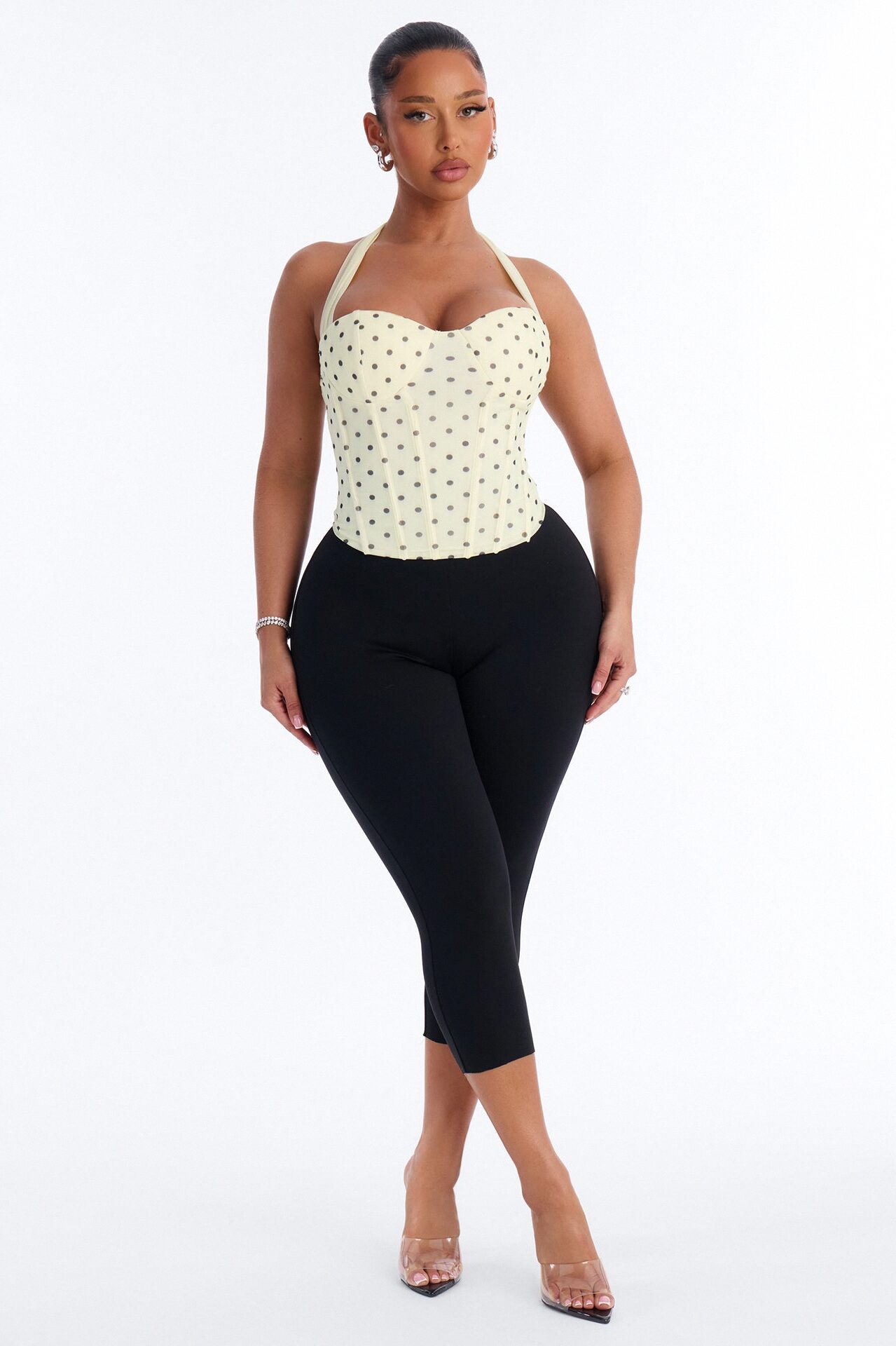 Sabrina Mesh Polka Dot Corset Halter Top - Yellow/combo
