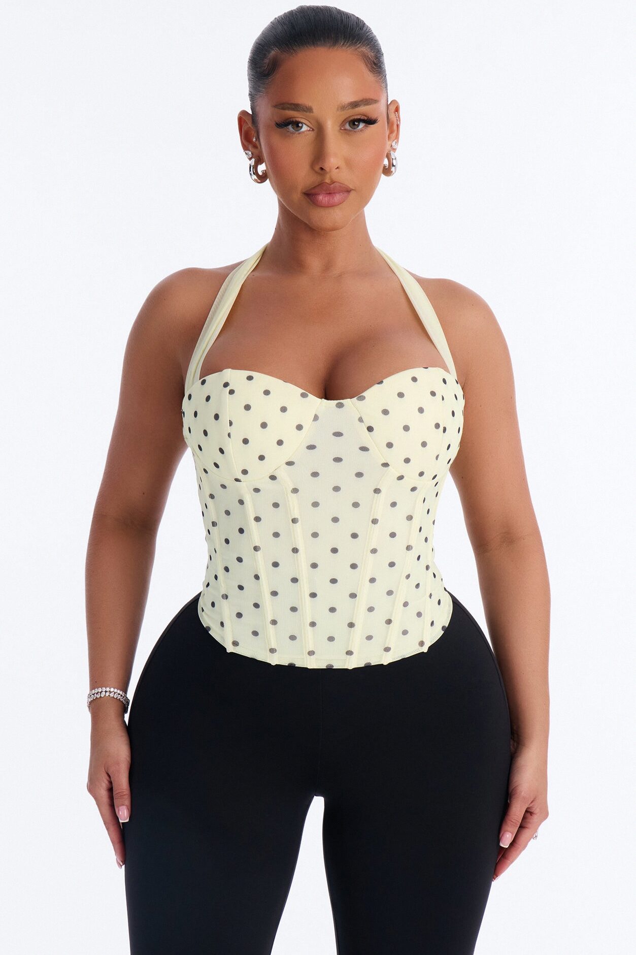 Sabrina Mesh Polka Dot Corset Halter Top - Yellow/combo