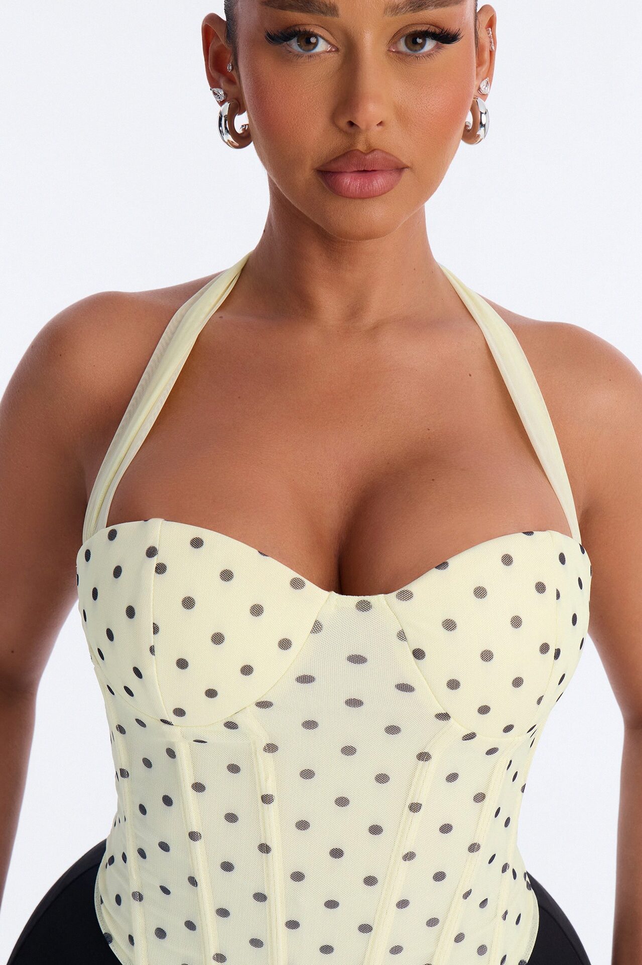 Sabrina Mesh Polka Dot Corset Halter Top - Yellow/combo