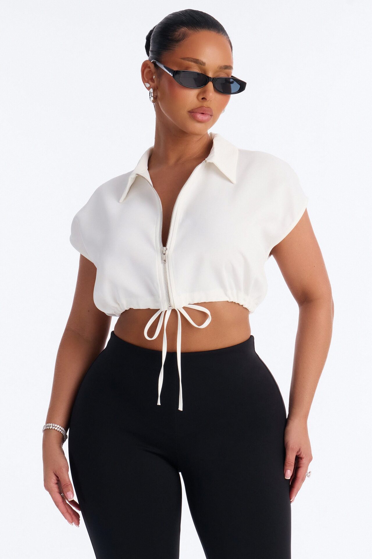 Taylor Front Zip Drawstring Zip Up Top - White