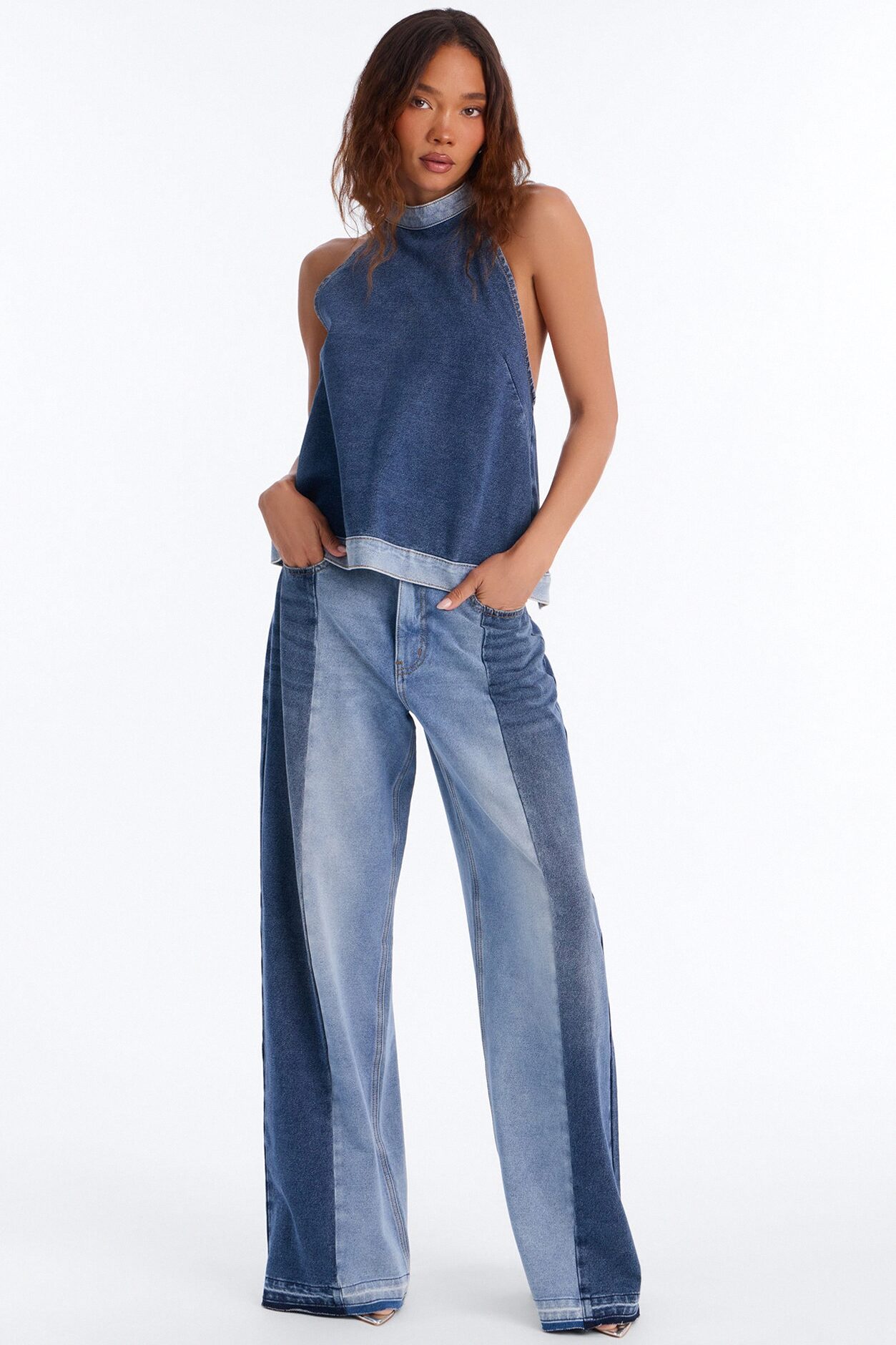 Mixed Signals Backless Denim Pant Set - Medium Wash