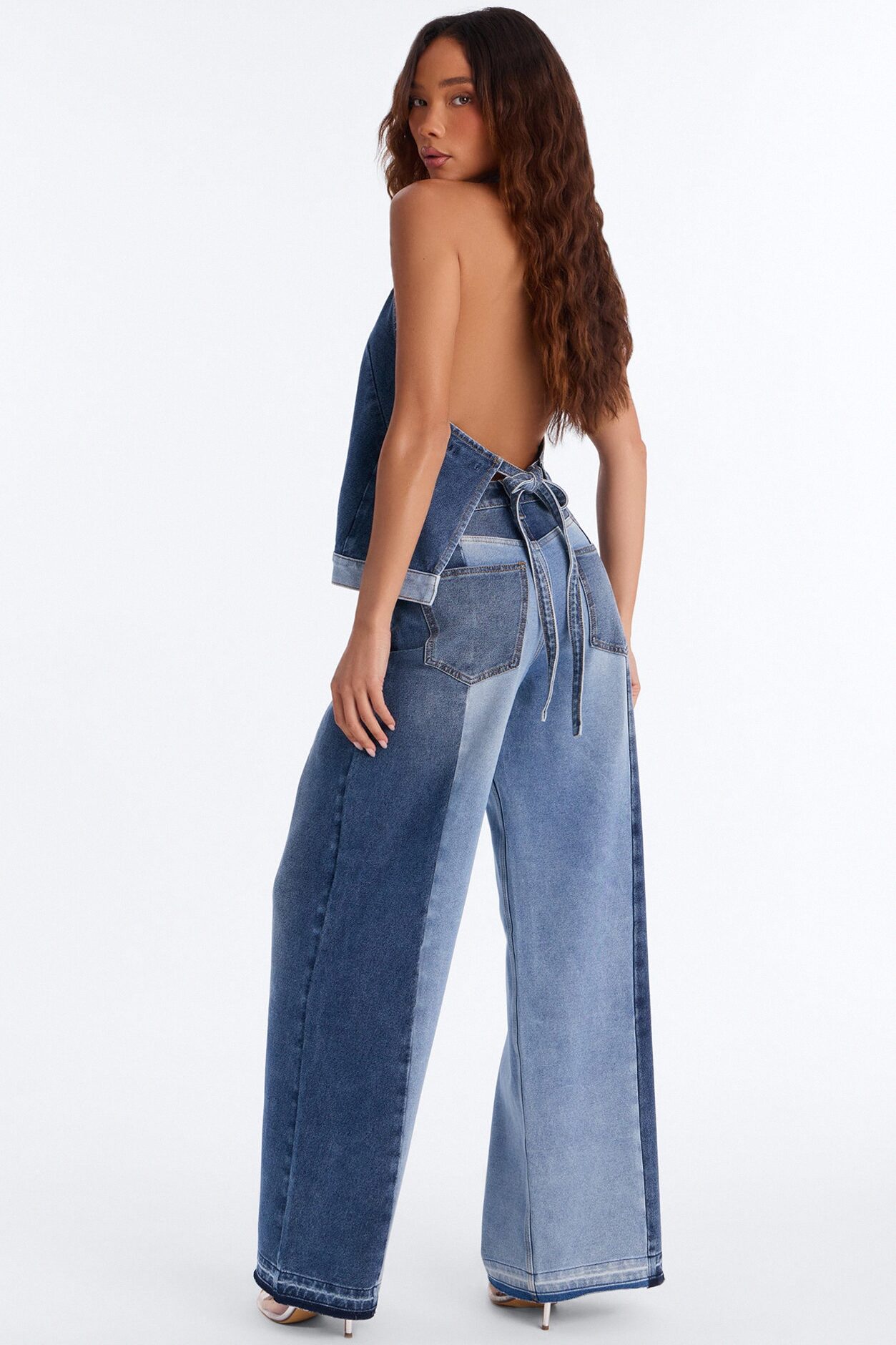 Mixed Signals Backless Denim Pant Set - Medium Wash