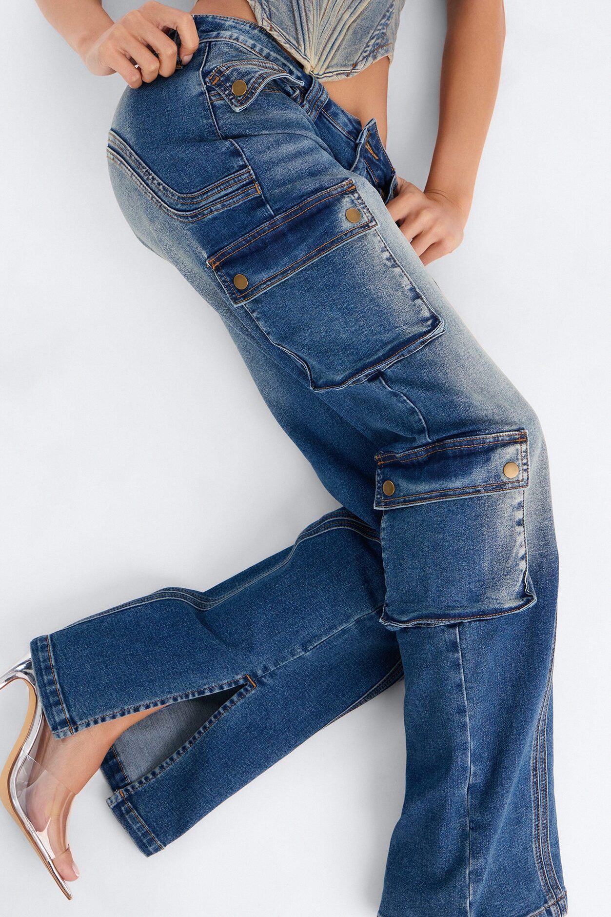 Drive Me Anywhere Split Hem Tinted Cargo Jeans - Vintage Wash