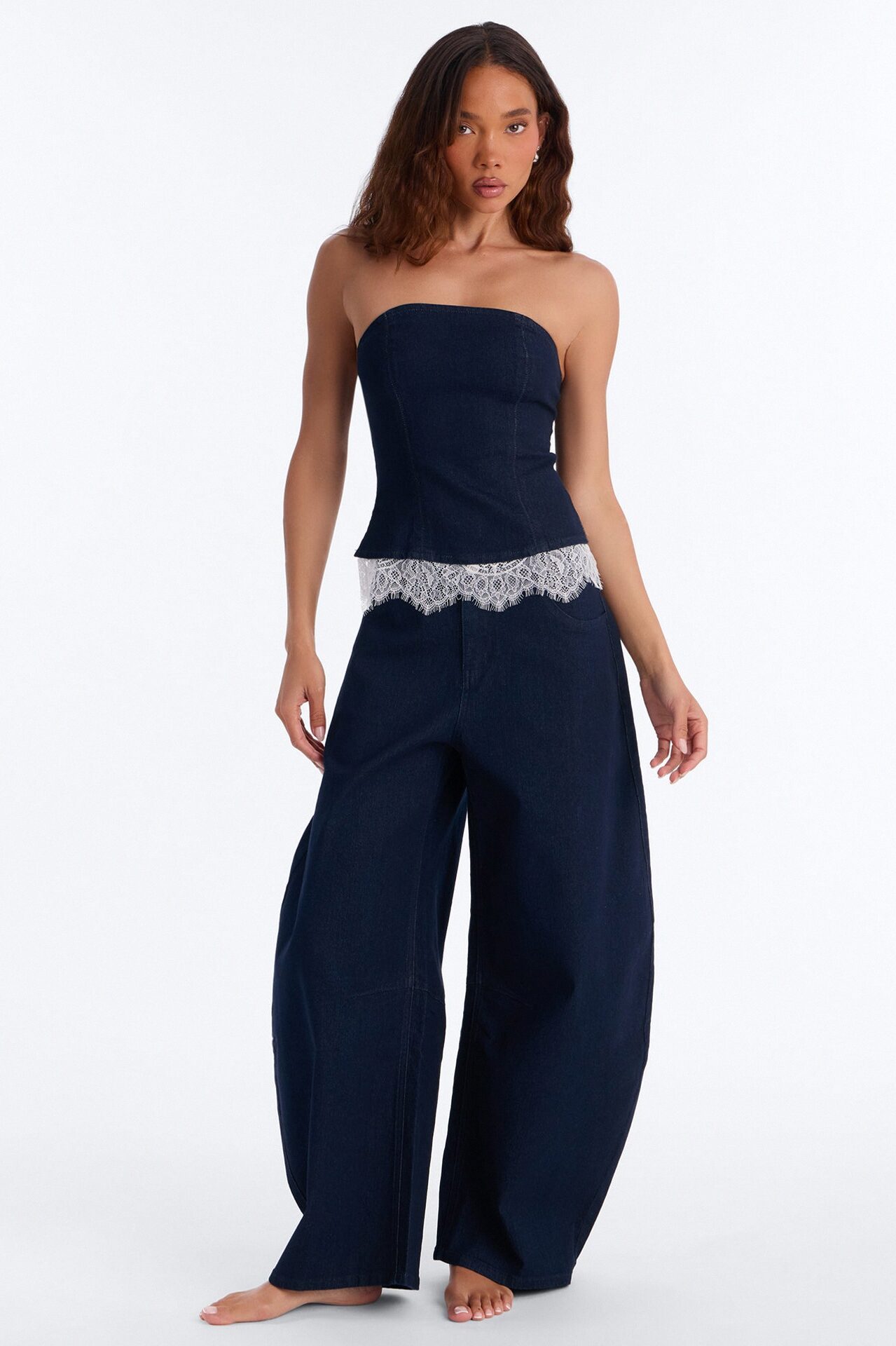 Dahlia Strapless Denim Barrel Pant Set - Dark Wash