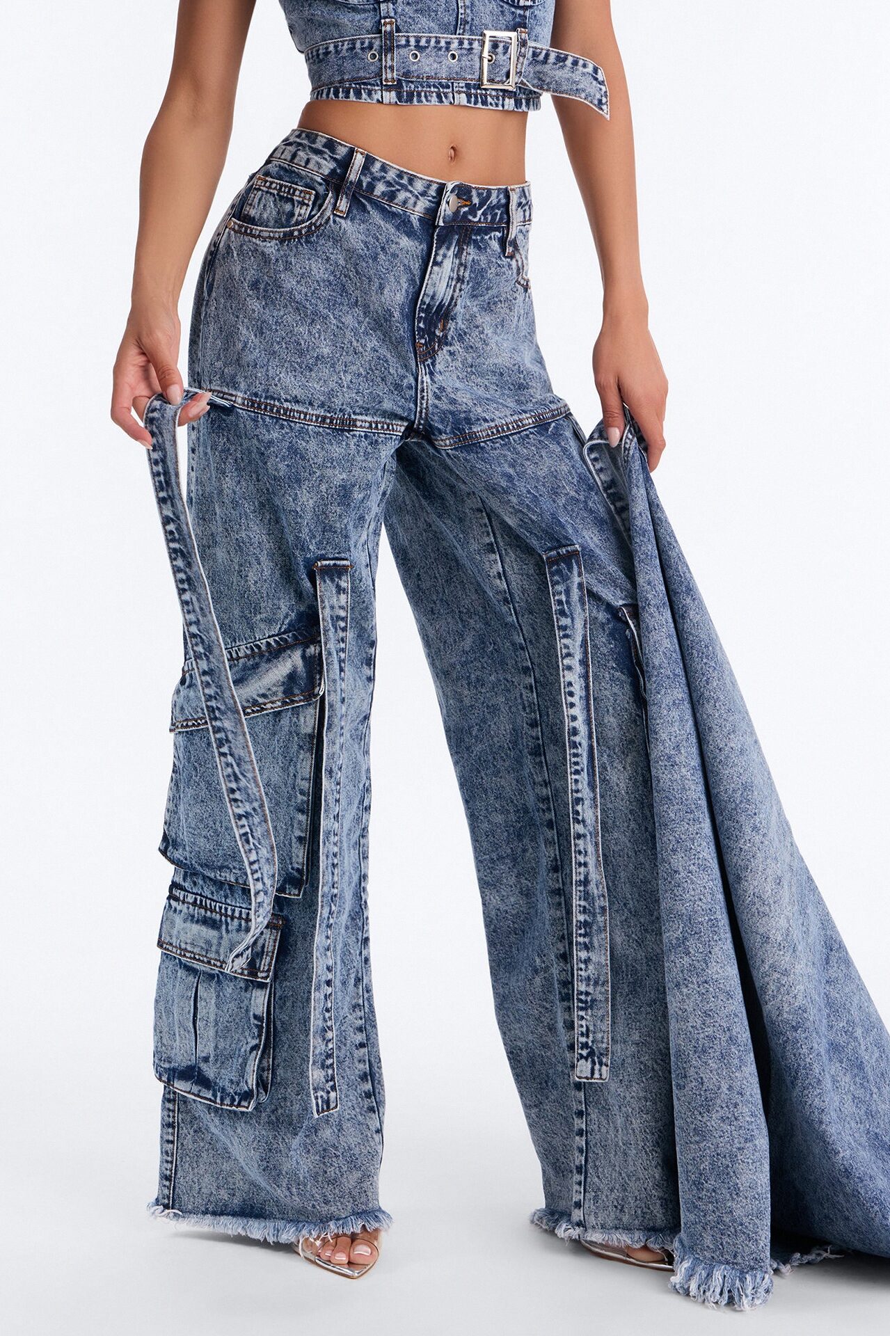 Everything I Wanted Belted Overlay Wide Leg Jeans - Medium Wash