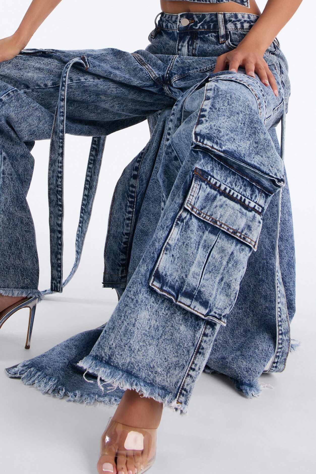 Everything I Wanted Belted Overlay Wide Leg Jeans - Medium Wash