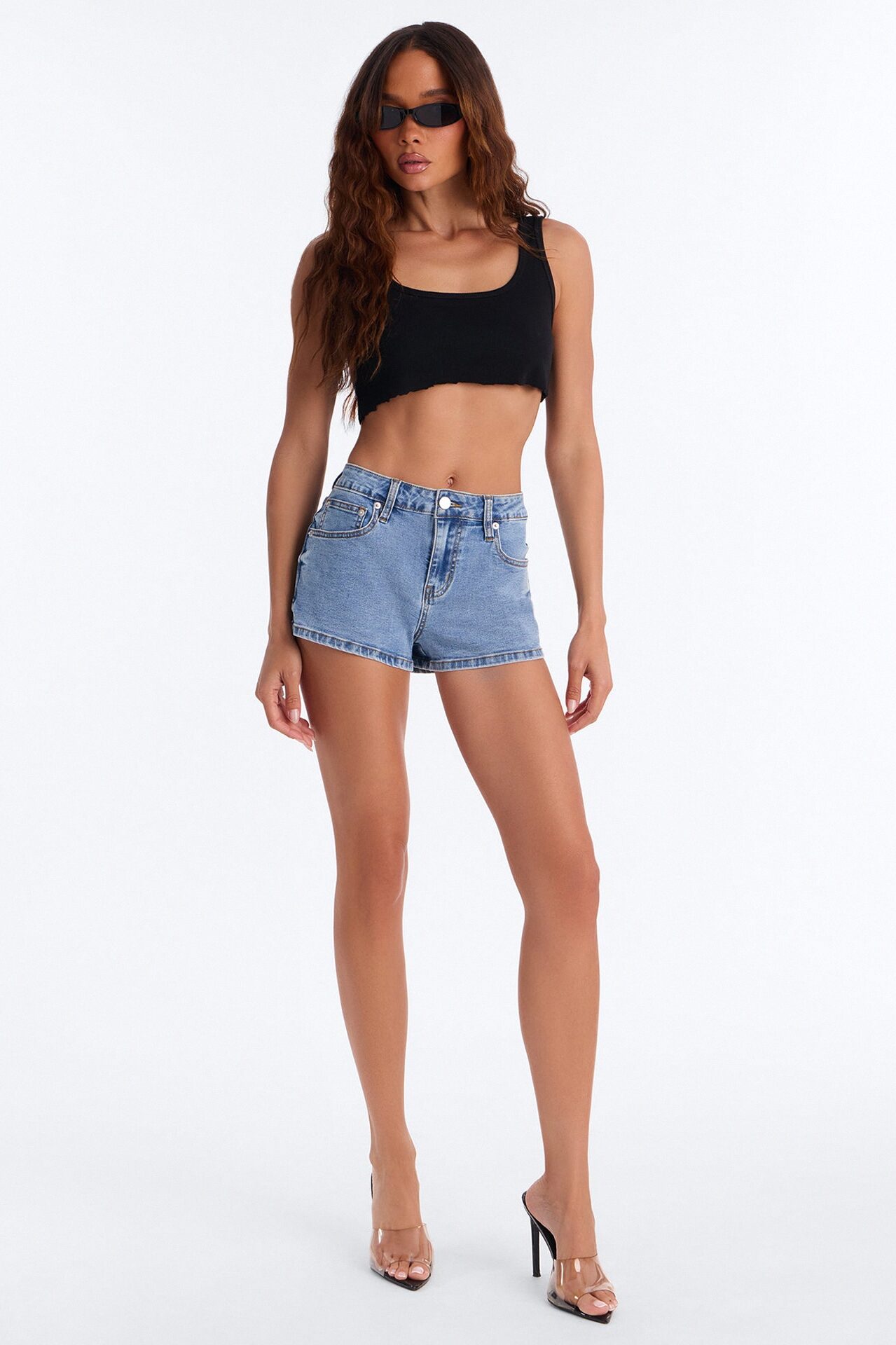 Long Hot Summer Stretch Denim Shorts - Medium Wash
