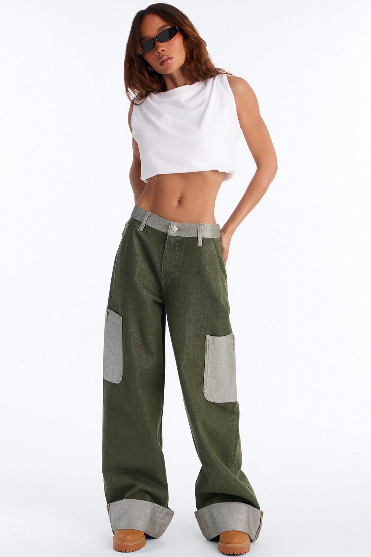 Sydney Cargo Cuffed Wide Leg Jeans - Olive