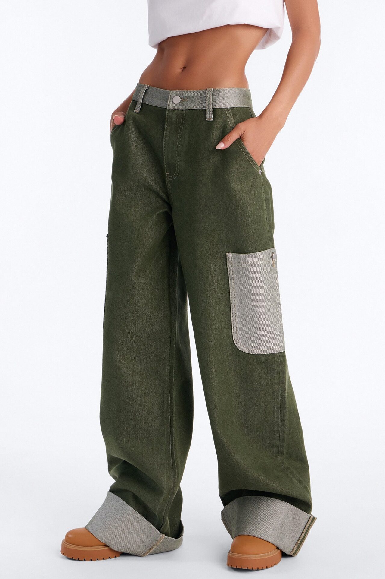 Sydney Cargo Cuffed Wide Leg Jeans - Olive