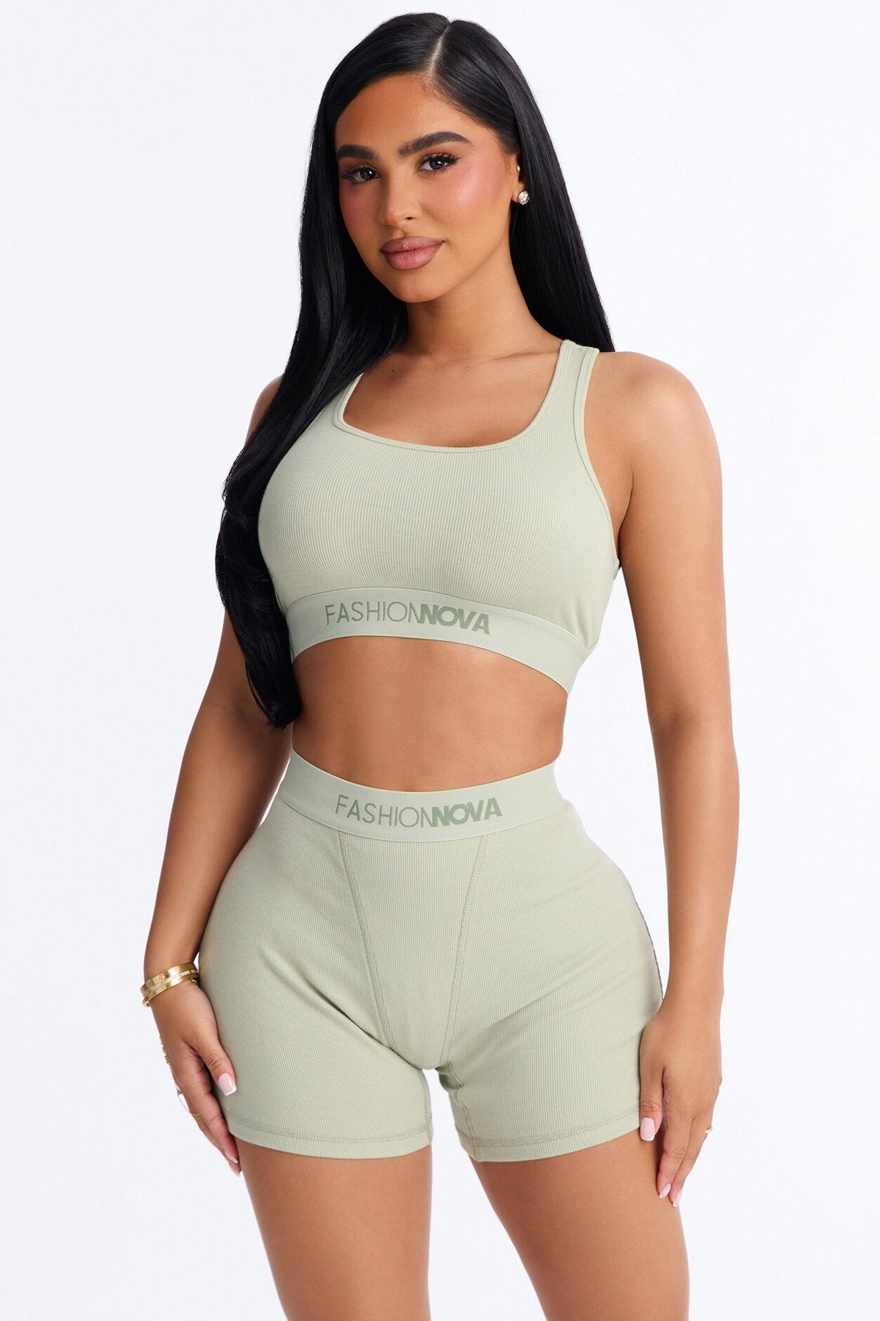 FN Mood Cotton Ribbed Racer Back Bra and Boxer Set - Sage
