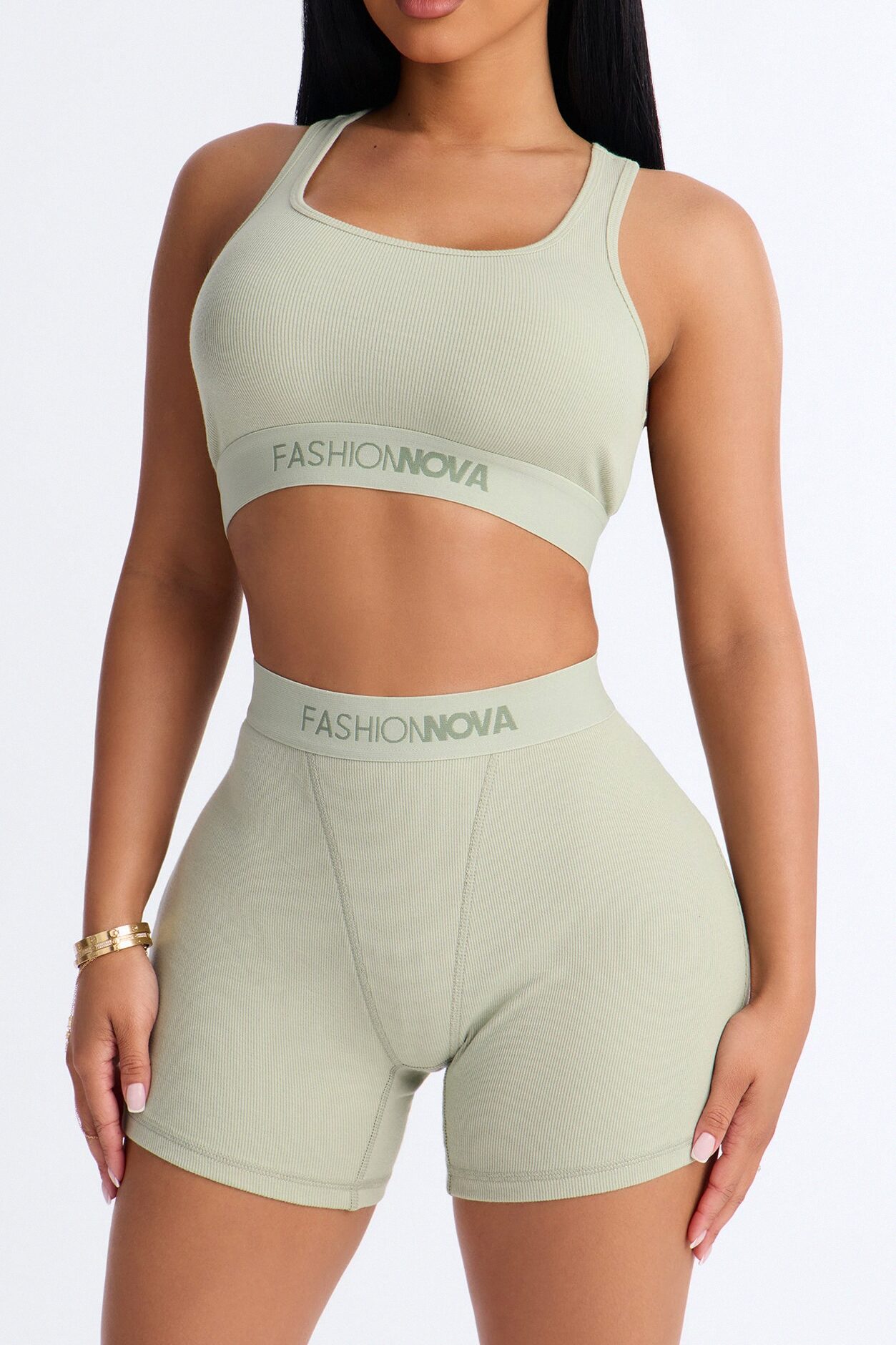 FN Mood Cotton Ribbed Racer Back Bra and Boxer Set - Sage