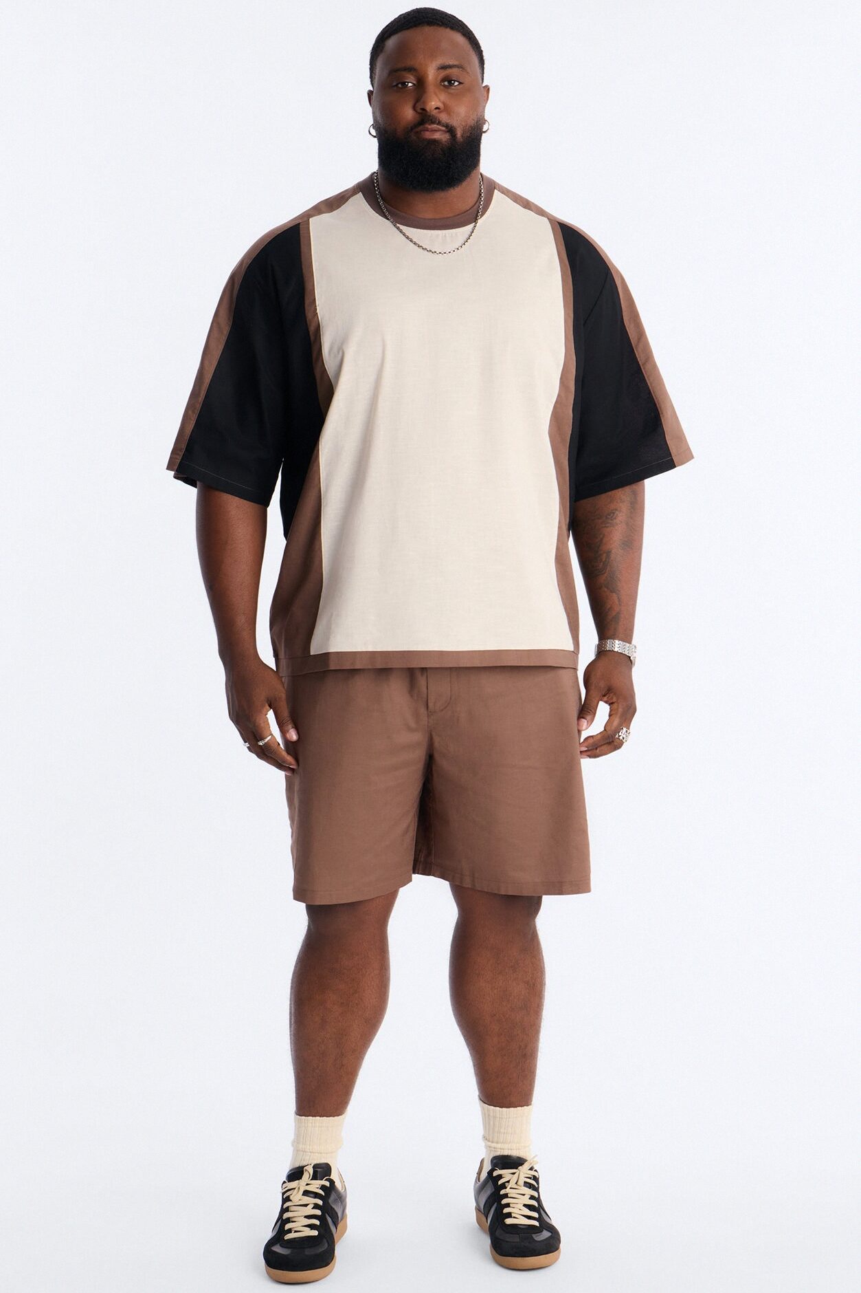 Basic Color Block Short Sleeve Tee - Brown/combo
