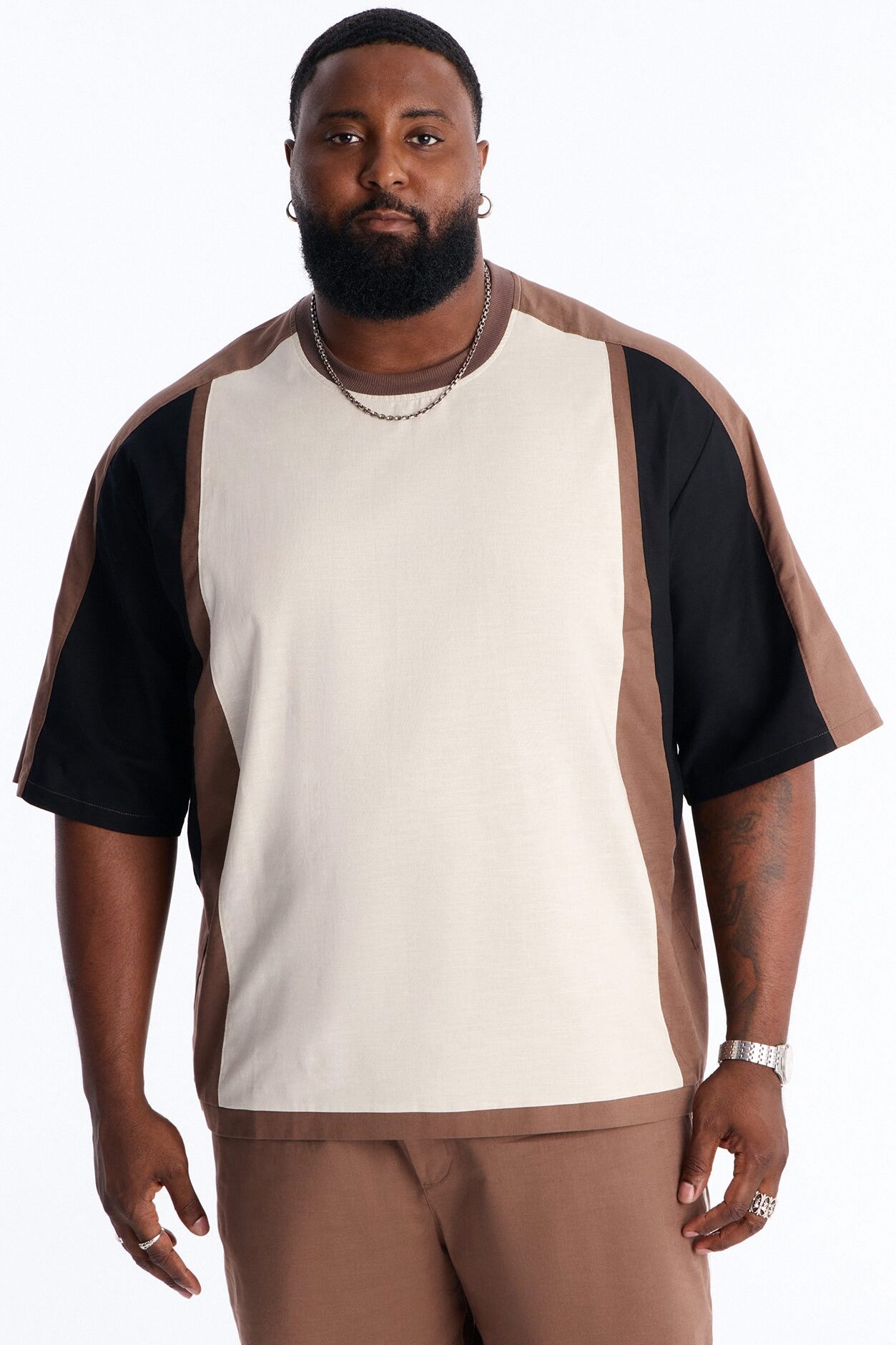 Basic Color Block Short Sleeve Tee - Brown/combo