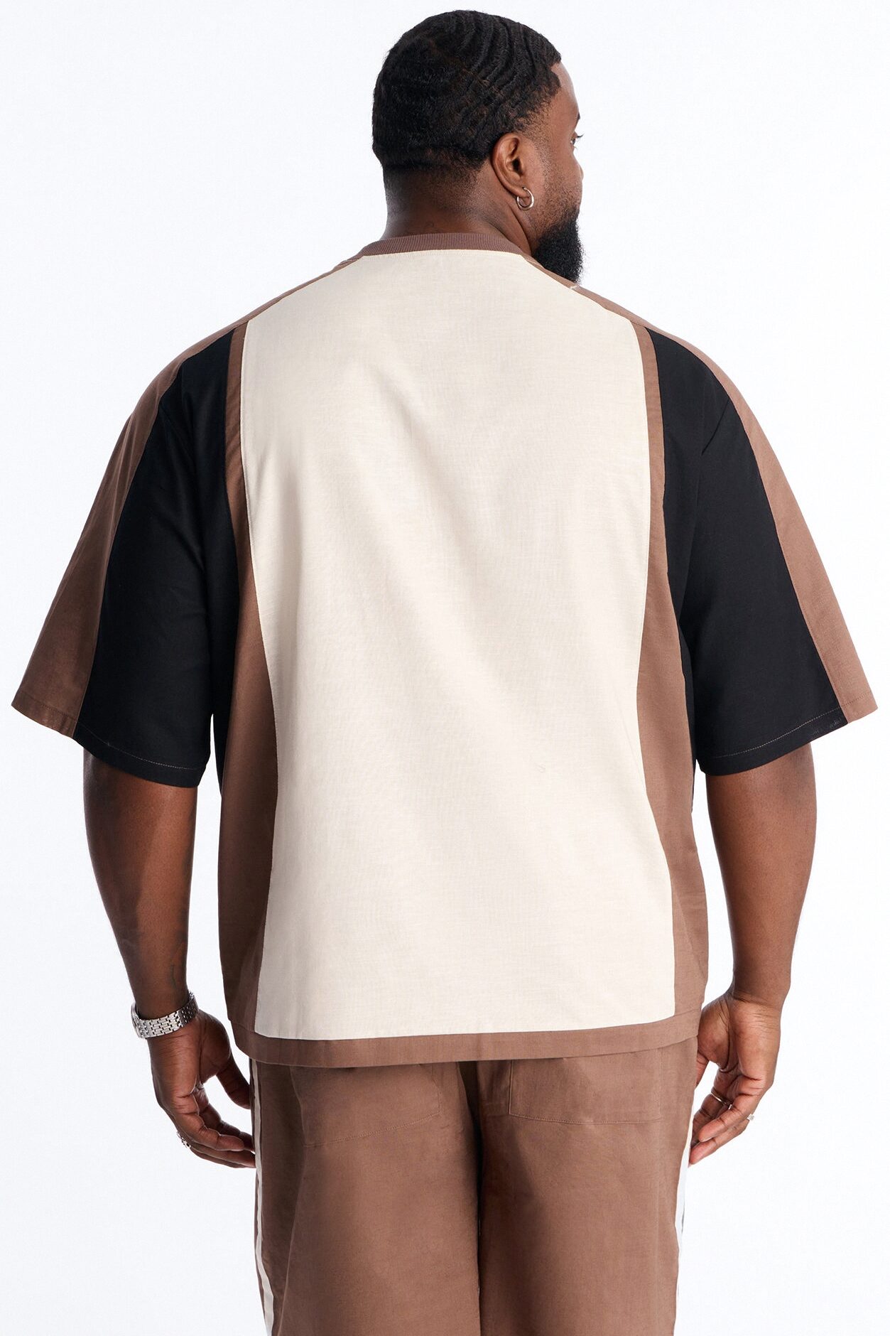 Basic Color Block Short Sleeve Tee - Brown/combo