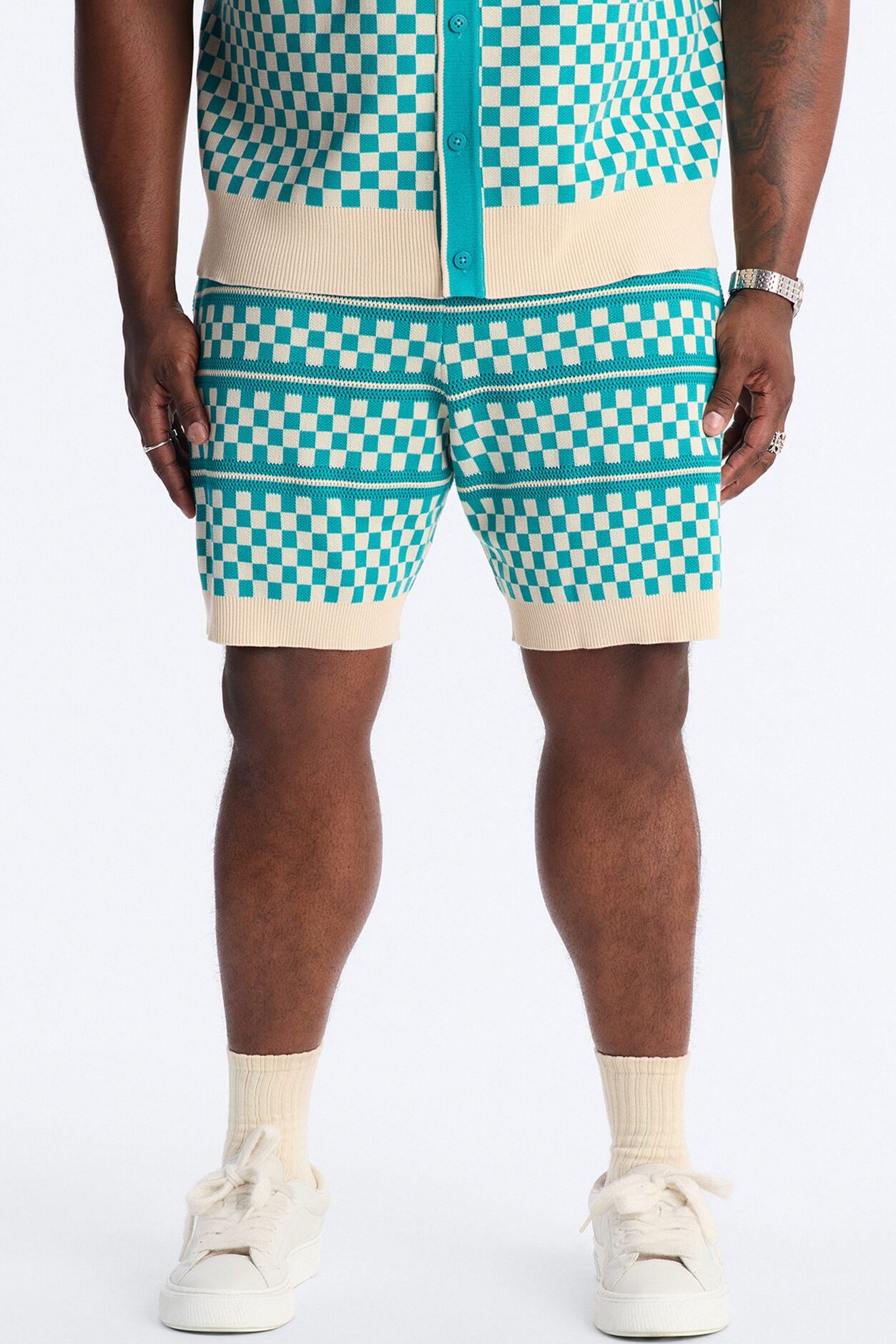 Relaxed Knitted Pawn Checker Short - Teal