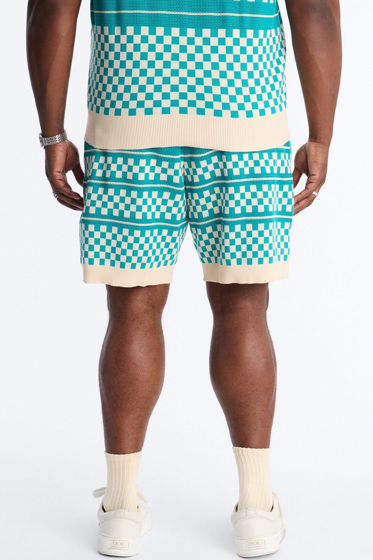 Relaxed Knitted Pawn Checker Short - Teal