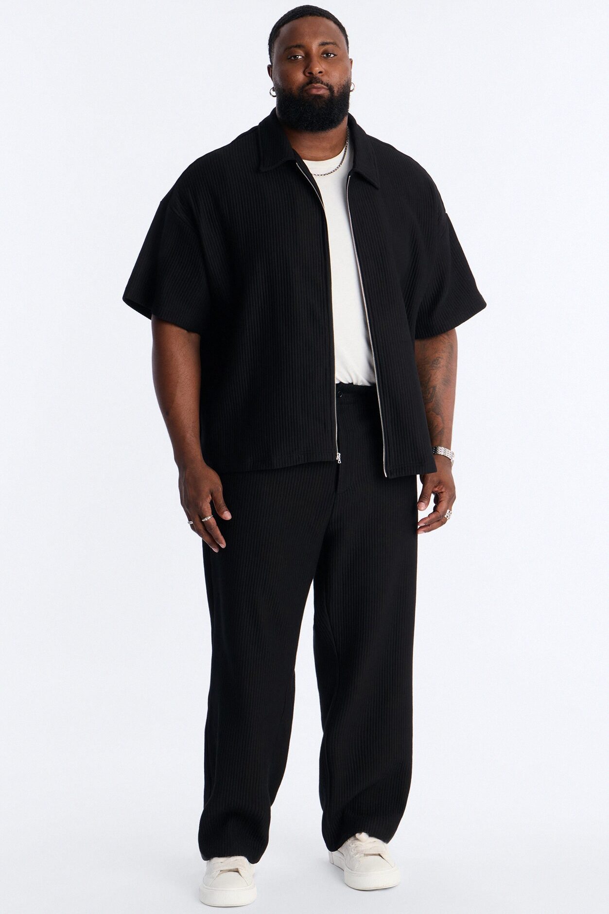 Textured Oversized Fleece Zip Up Shirt - Black