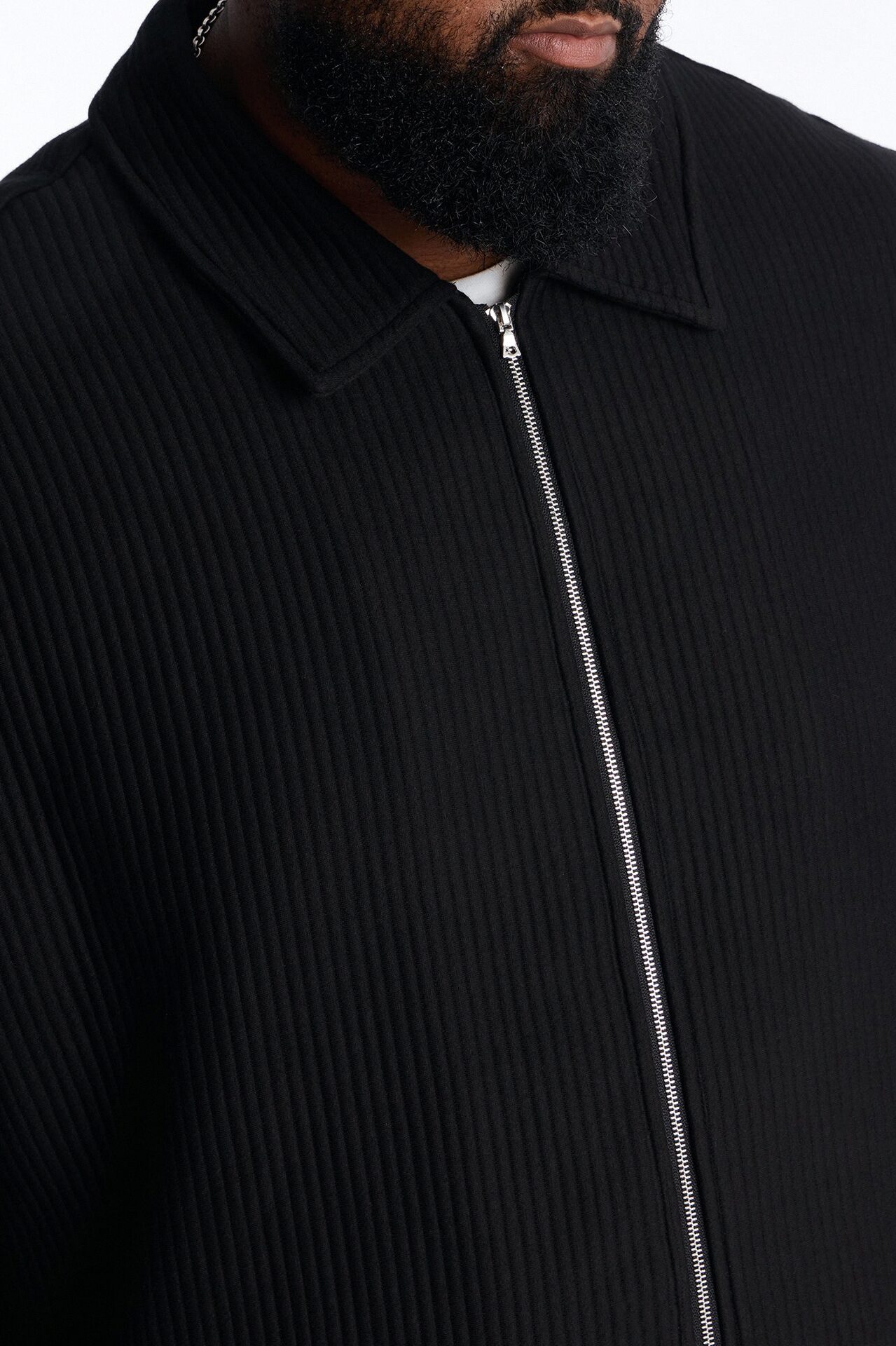 Textured Oversized Fleece Zip Up Shirt - Black