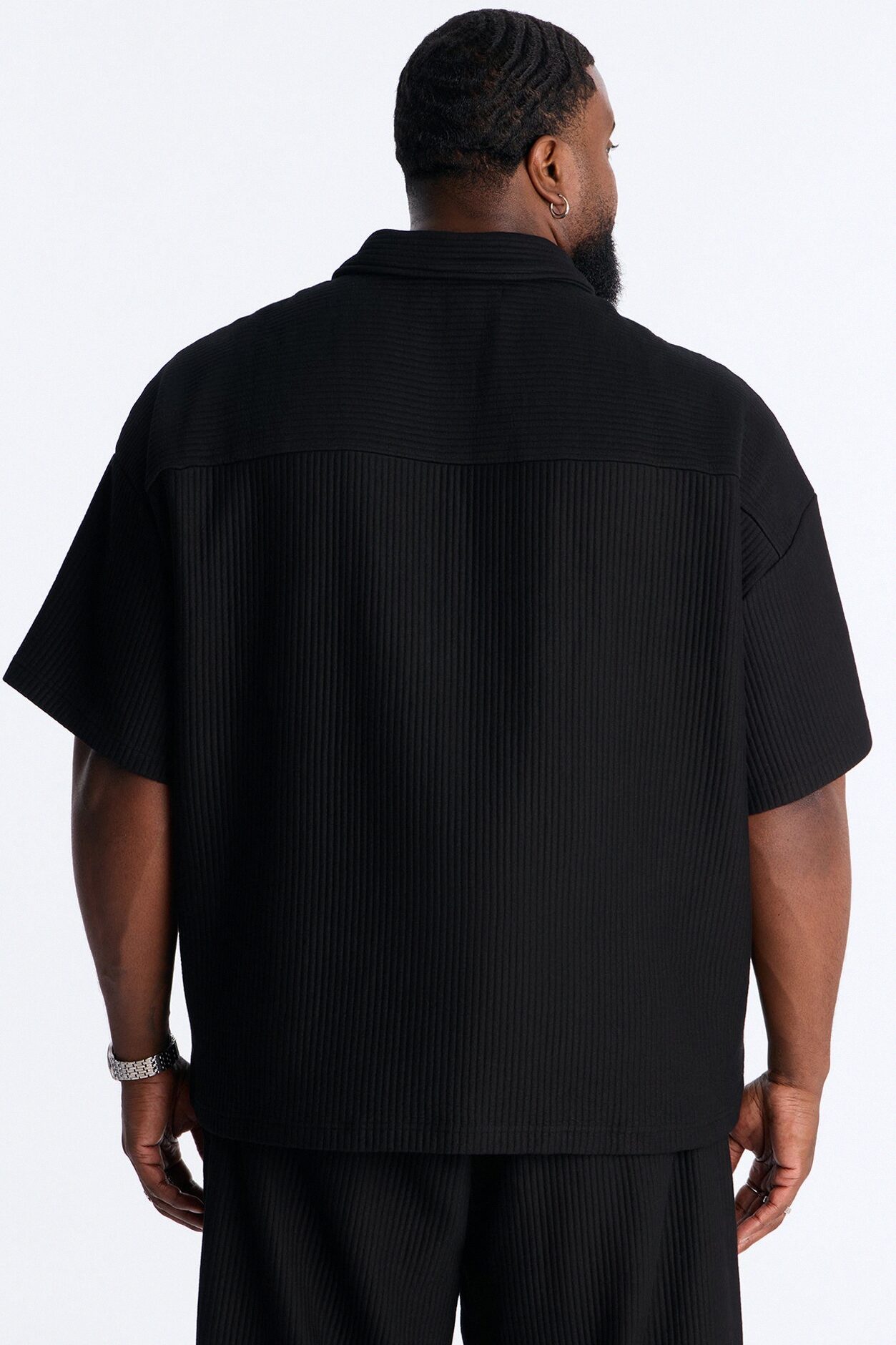 Textured Oversized Fleece Zip Up Shirt - Black