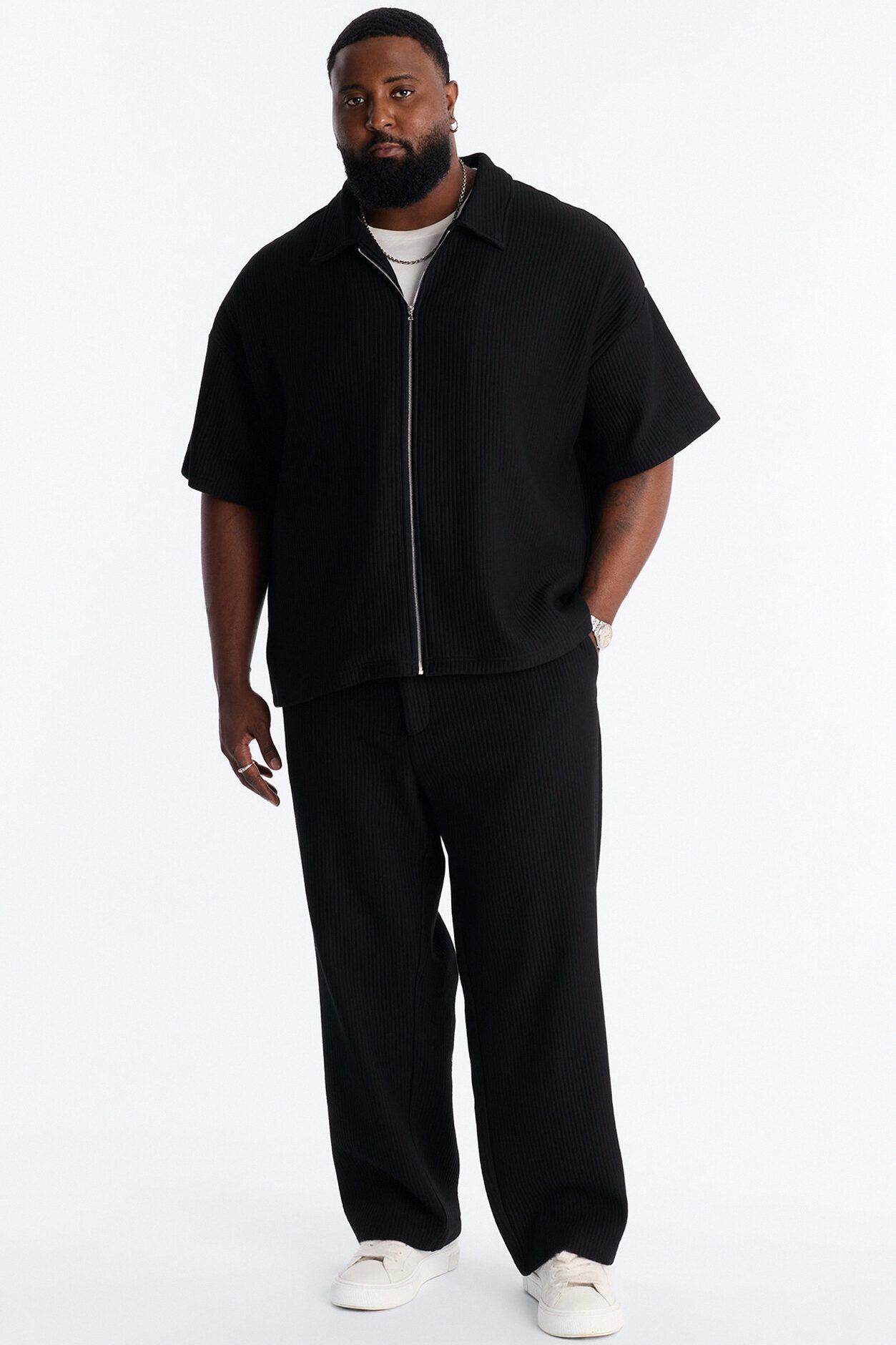 Textured Fleece Straight Leg Pant - Black