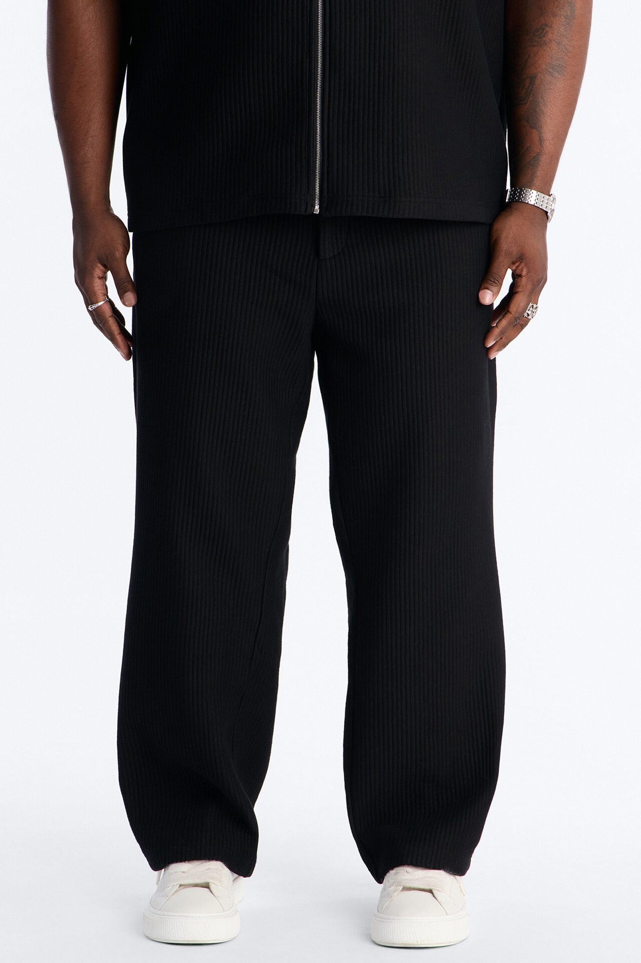 Textured Fleece Straight Leg Pant - Black