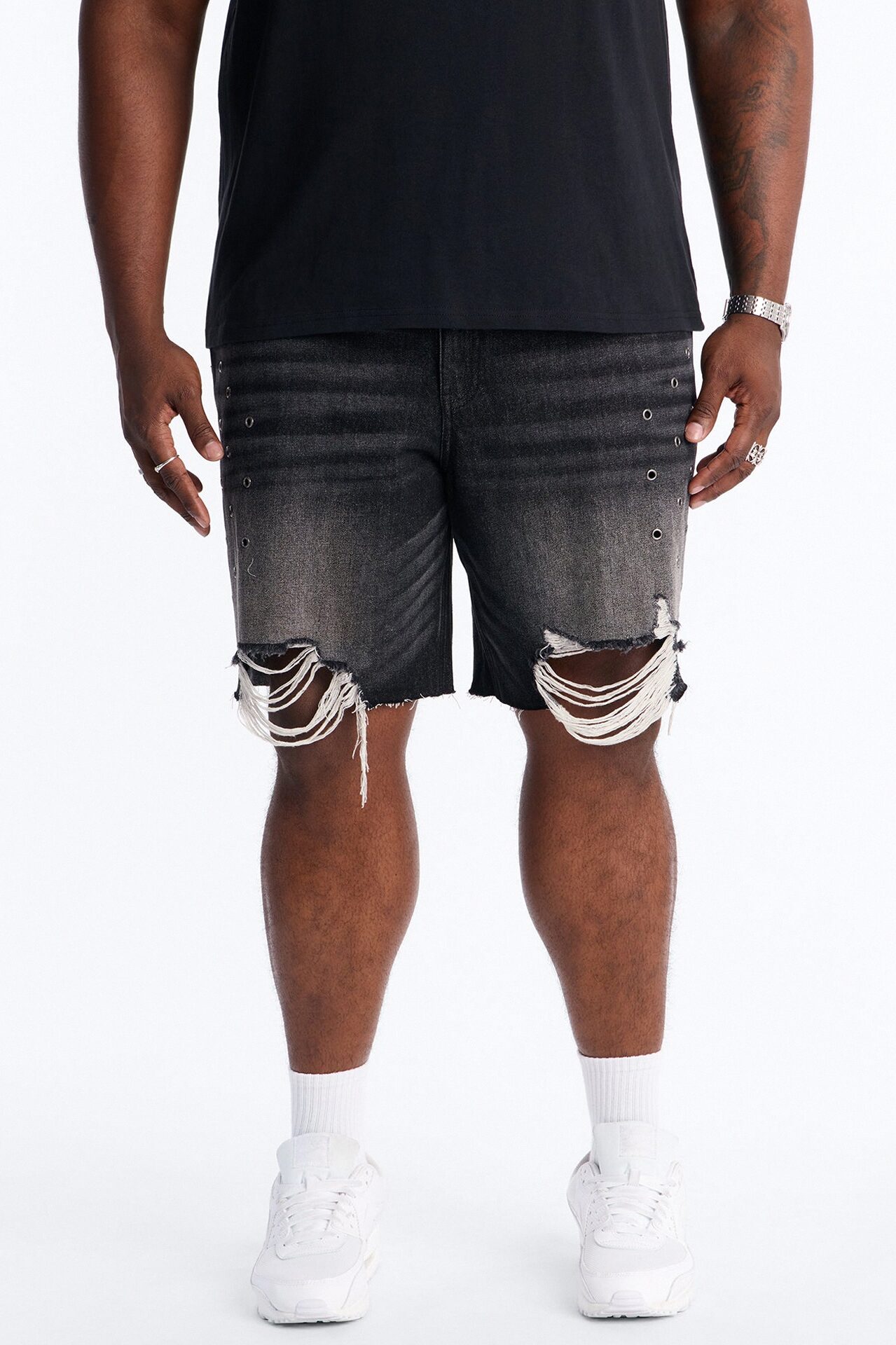 Relaxed Looking Out Distressed Grommet Denim Short - Black Wash