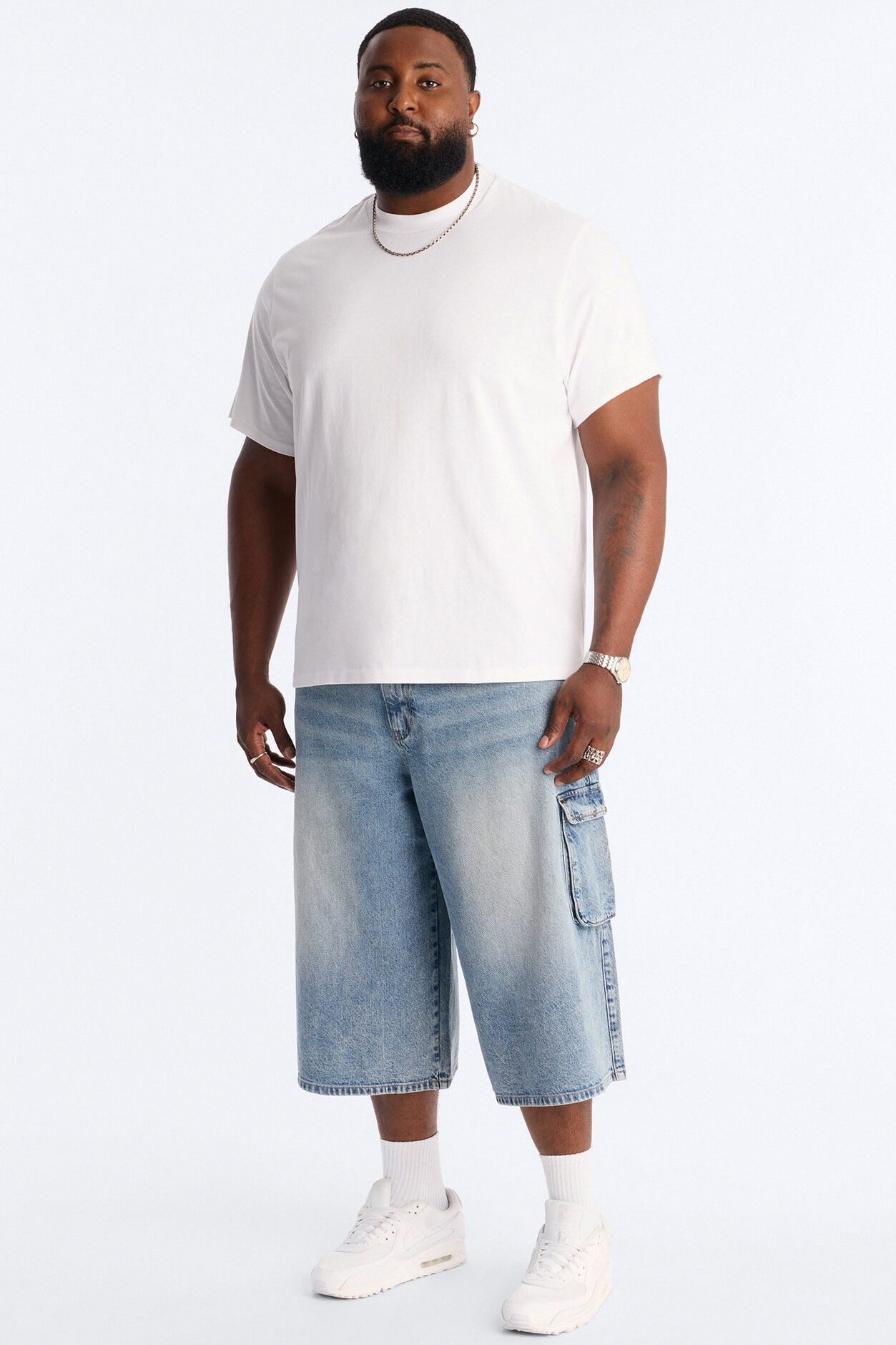 Super Baggy Studded Cargo Denim Short - Medium Blue Wash