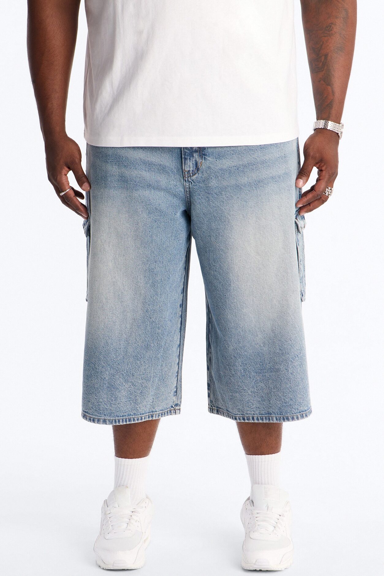 Super Baggy Studded Cargo Denim Short - Medium Blue Wash