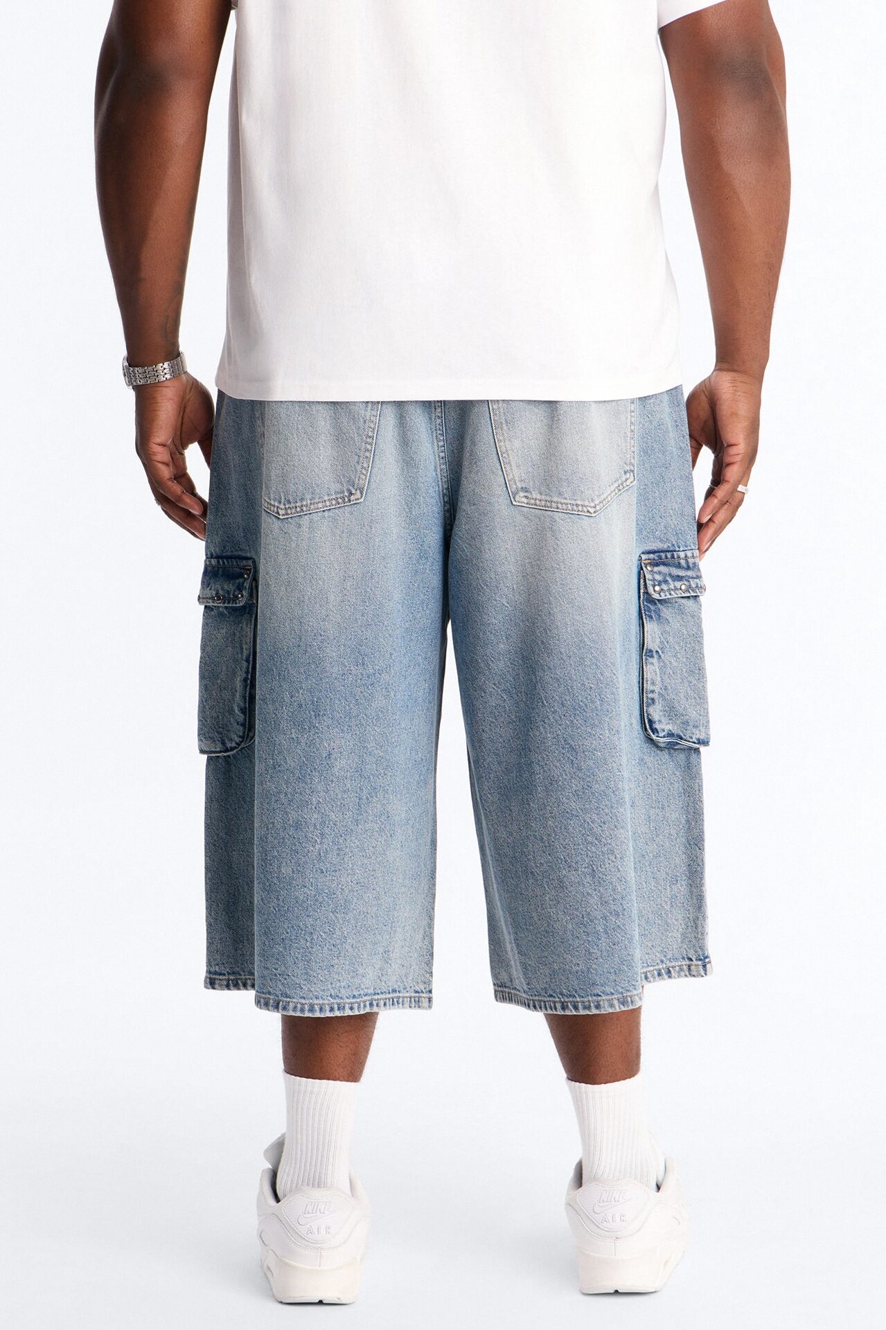 Super Baggy Studded Cargo Denim Short - Medium Blue Wash
